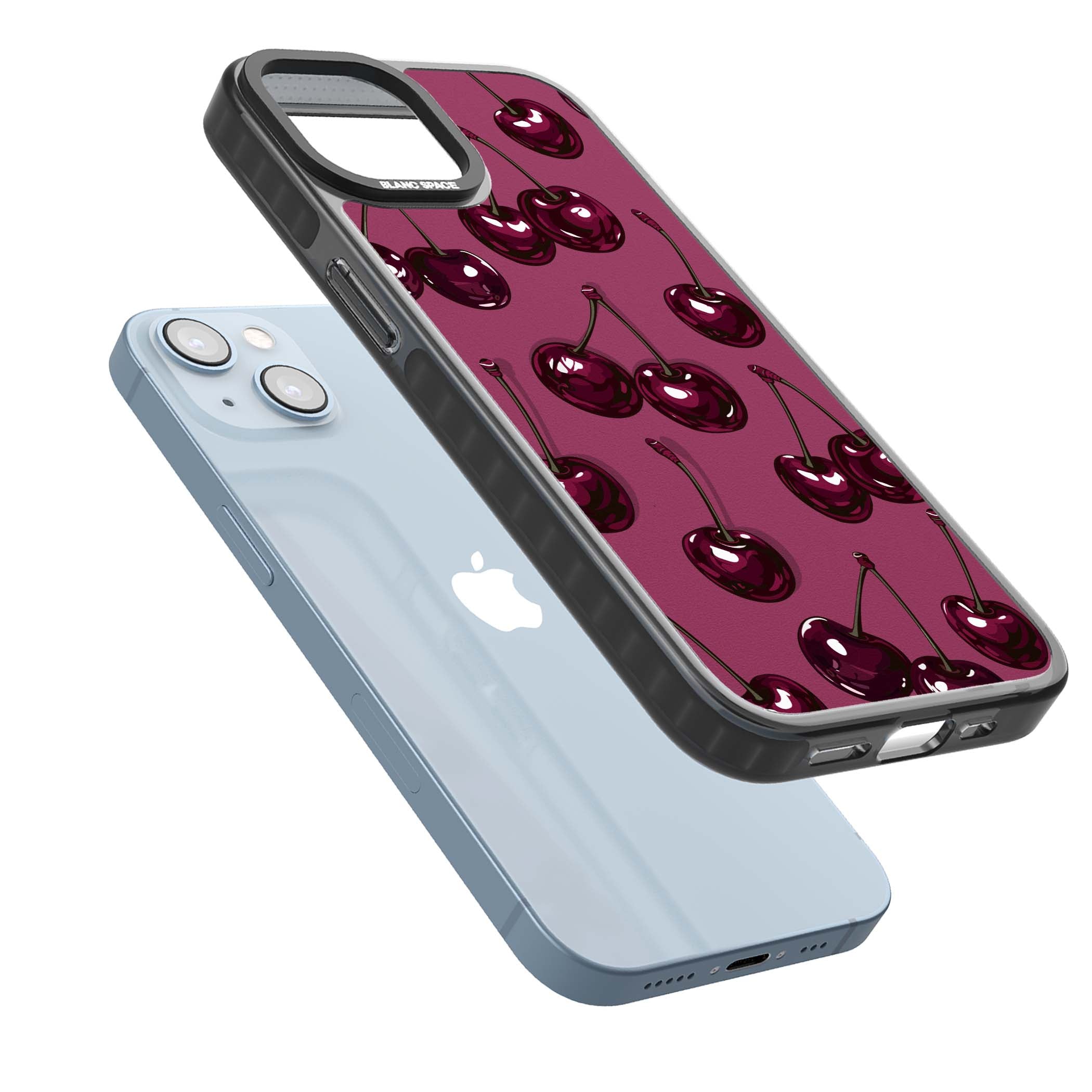 Cherry Soda coquette iPhone case featuring glossy burgundy cherries on a dusty pink background | Black Impact Magsafe case for iPhone 13, iPhone 14, iPhone 15