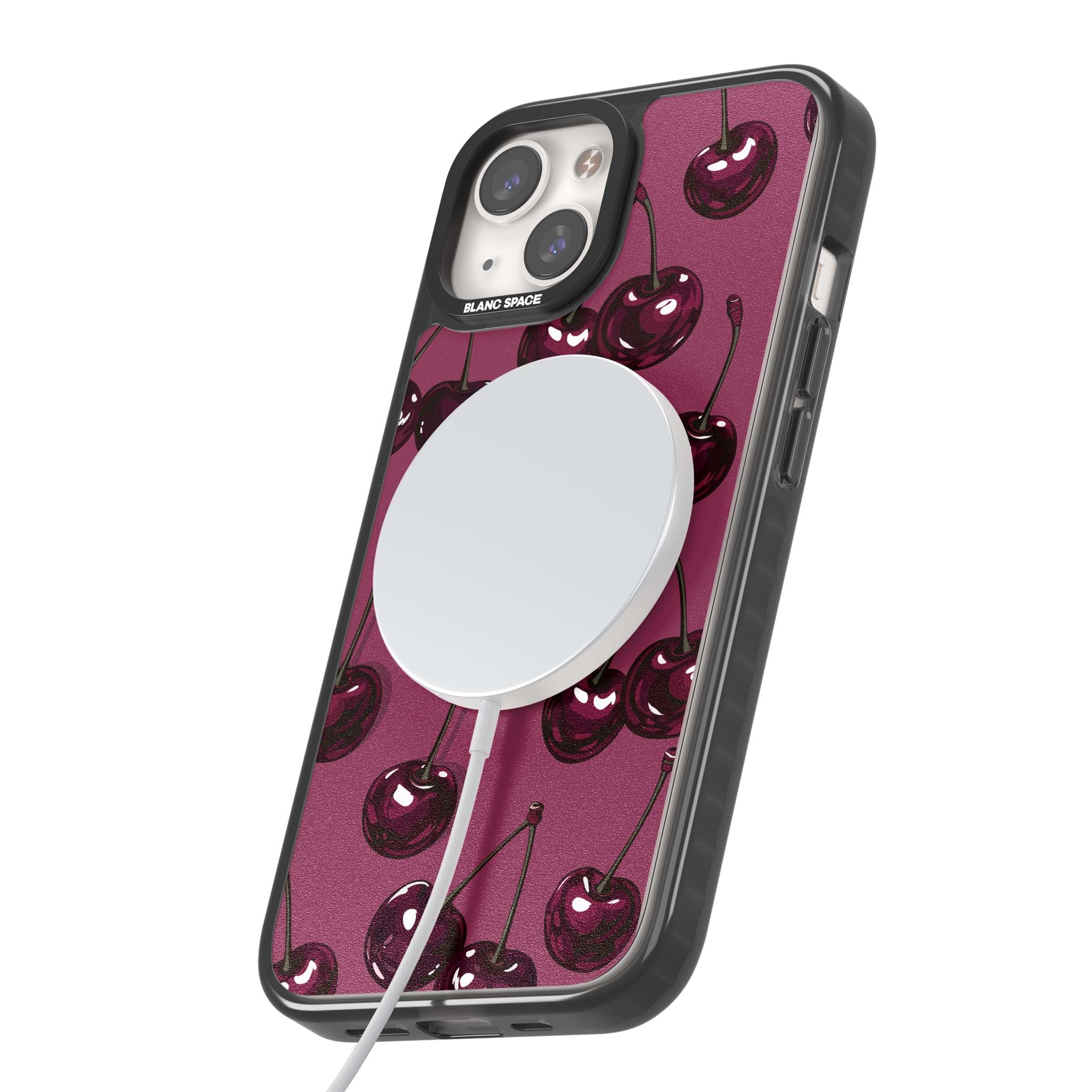 Cherry Soda coquette iPhone case featuring glossy burgundy cherries on a dusty pink background | Black Impact Magsafe case for iPhone 13, iPhone 14, iPhone 15