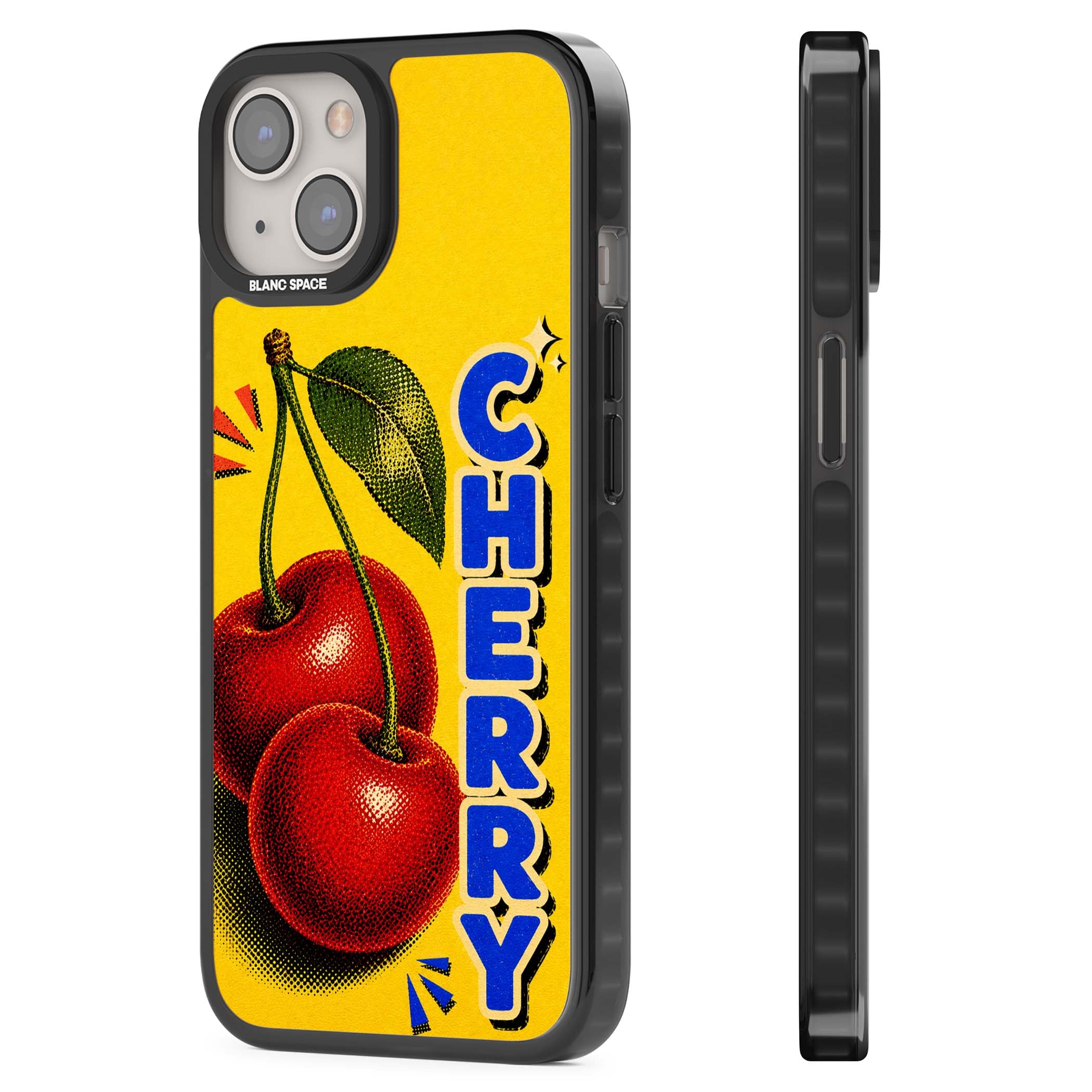 Cherry Yellow y2k iPhone case featuring two red cherries, halftone shading and bold blue CHERRY lettering on yellow | Black Impact Magsafe case for iPhone 13, iPhone 14, iPhone 15