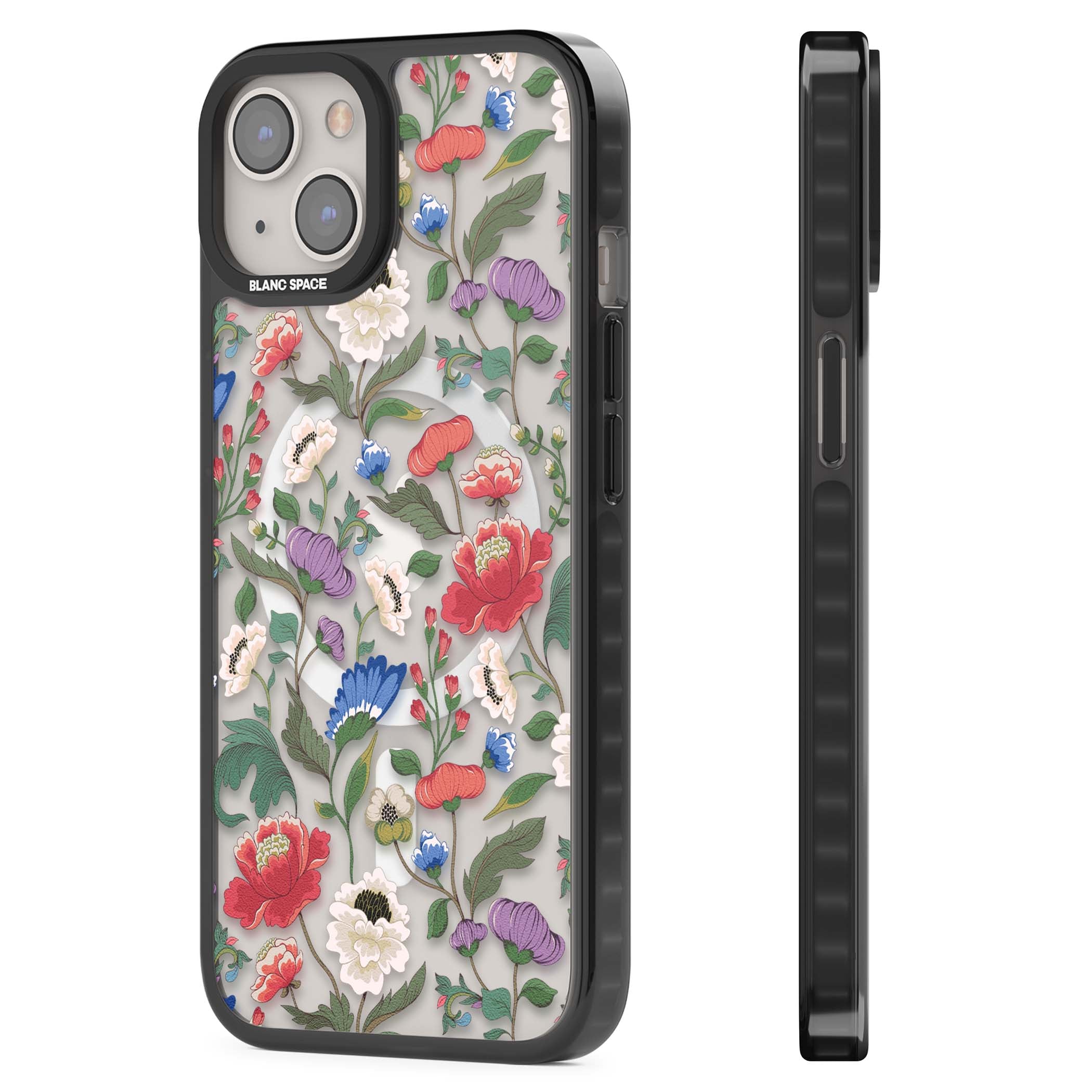 Chinoiserie Bloom vintage floral iPhone case featuring hand-painted peonies, poppies and trailing wildflowers on clear... | Black Impact Magsafe case for iPhone 13, iPhone 14, iPhone 15
