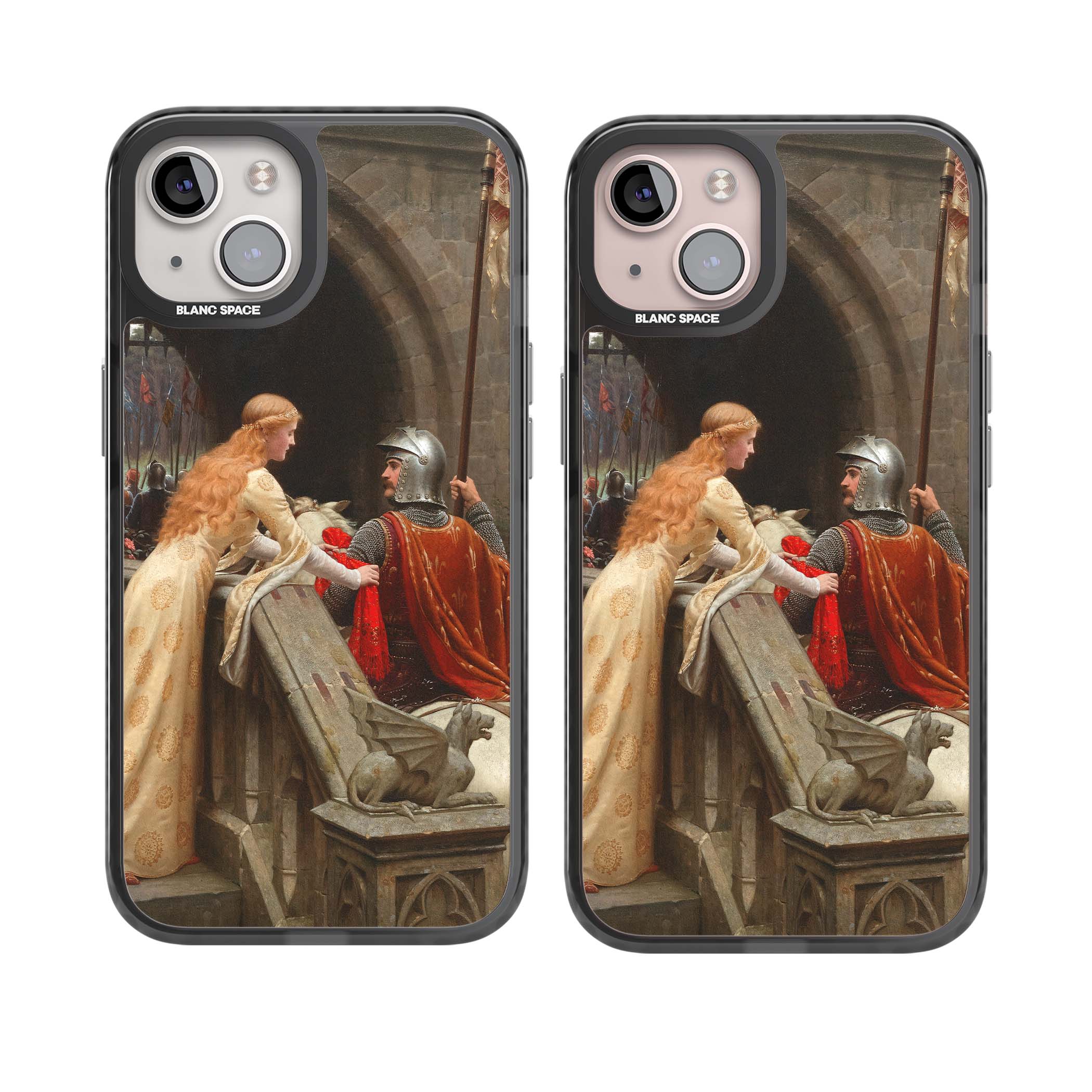 God Speed fine art iPhone case featuring Edmund Blair Leighton's medieval knight and lady beneath a stone archway | Black Impact Magsafe case for iPhone 13, iPhone 14, iPhone 15