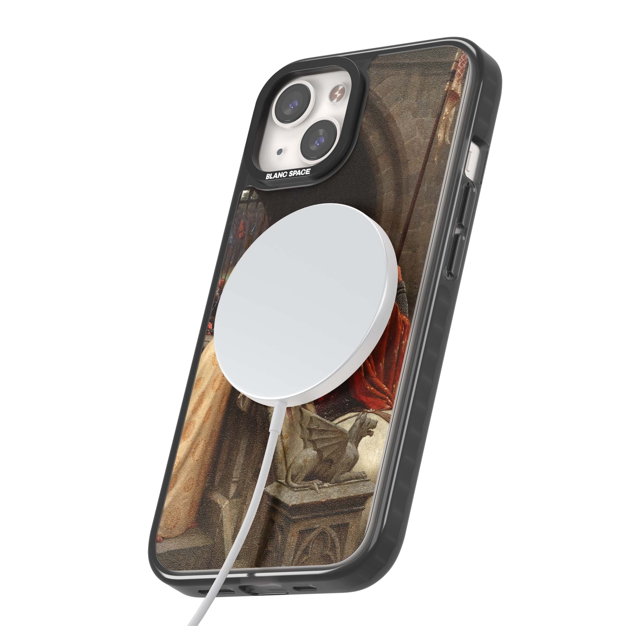 God Speed fine art iPhone case featuring Edmund Blair Leighton's medieval knight and lady beneath a stone archway | Black Impact Magsafe case for iPhone 13, iPhone 14, iPhone 15