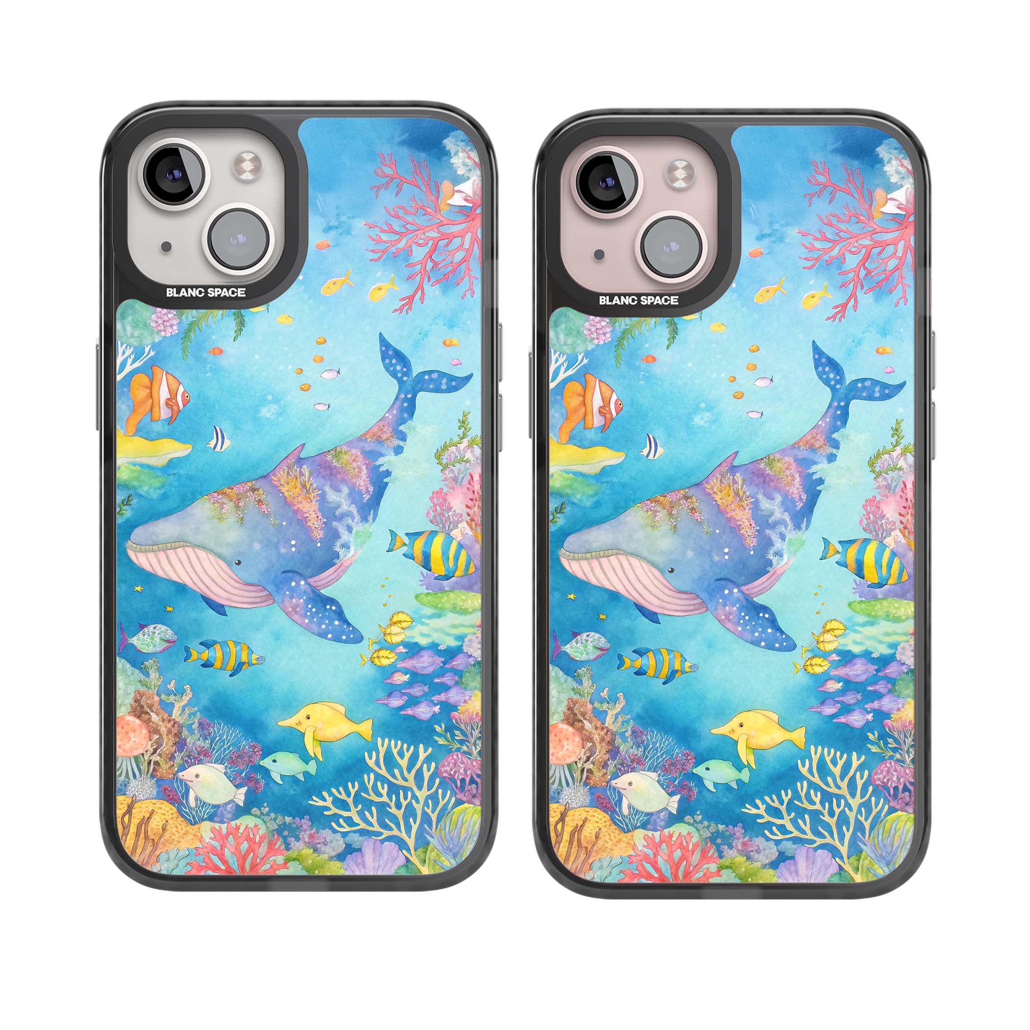 Coral Lagoon ocean iPhone case featuring a watercolour whale, coral reef and tropical fish | Black Impact Magsafe case for iPhone 13, iPhone 14, iPhone 15