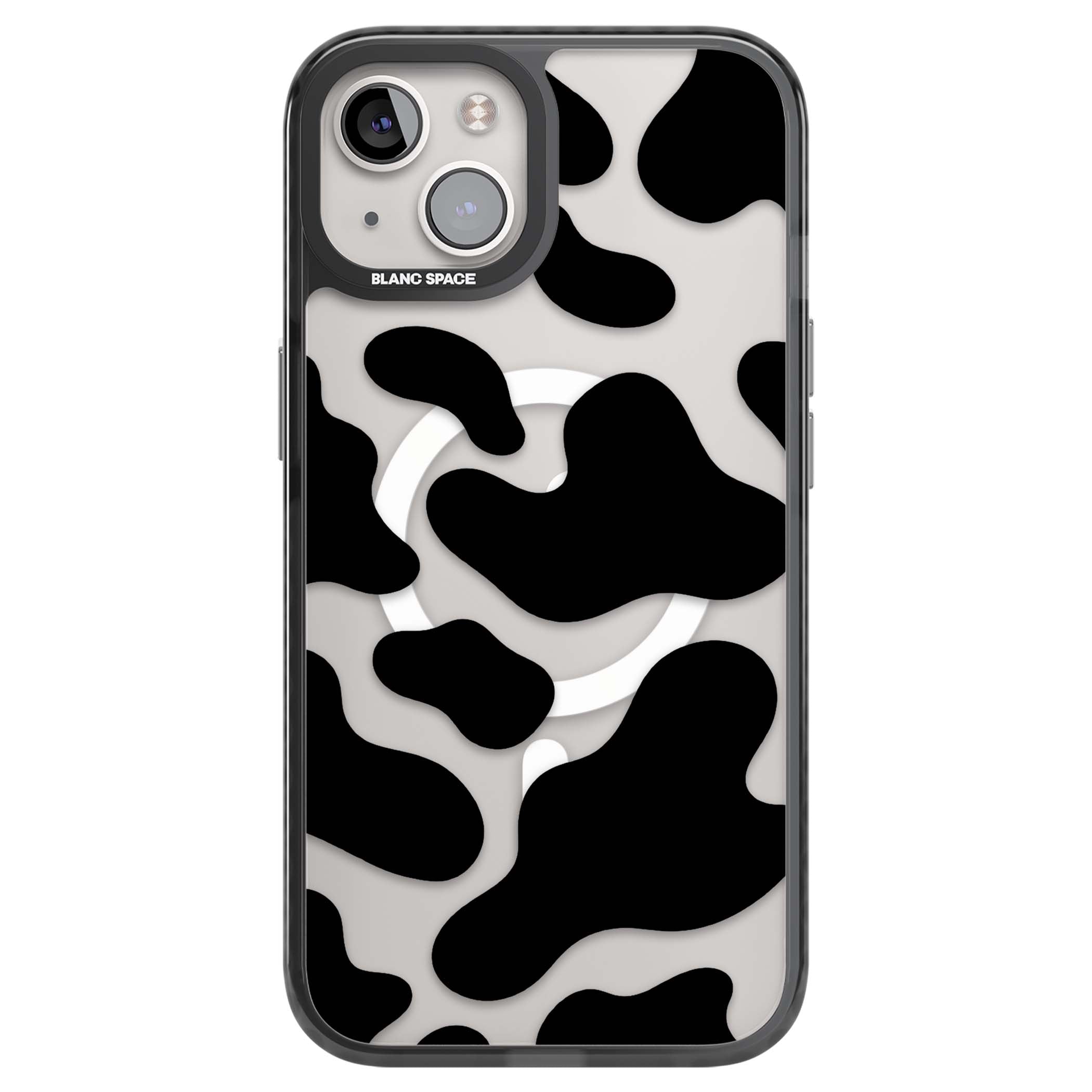 Clear Cow Print cow print iPhone case featuring black and white cow pattern splotches on a clear background | Black Impact Magsafe case for iPhone 13, iPhone 14, iPhone 15