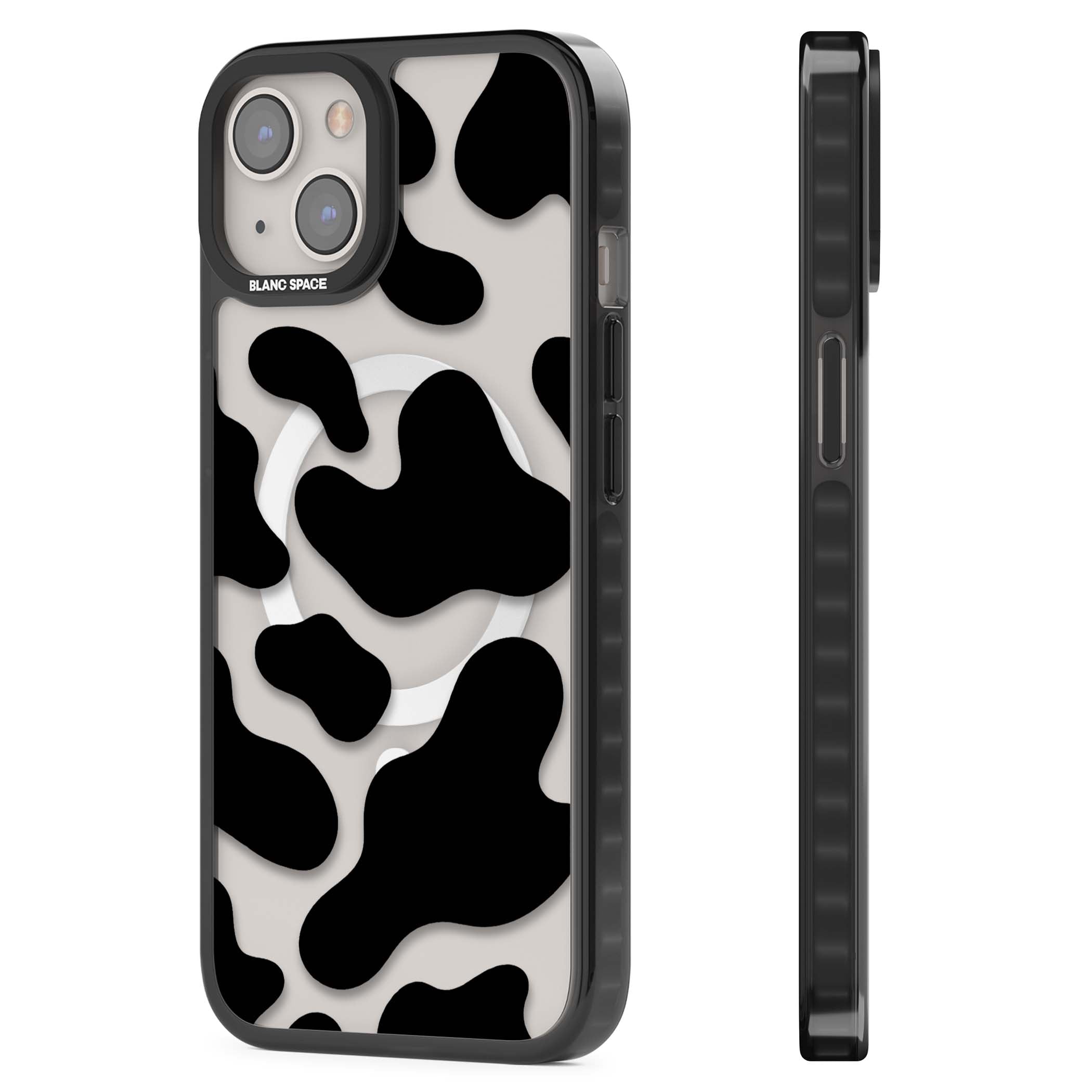 Clear Cow Print cow print iPhone case featuring black and white cow pattern splotches on a clear background | Black Impact Magsafe case for iPhone 13, iPhone 14, iPhone 15