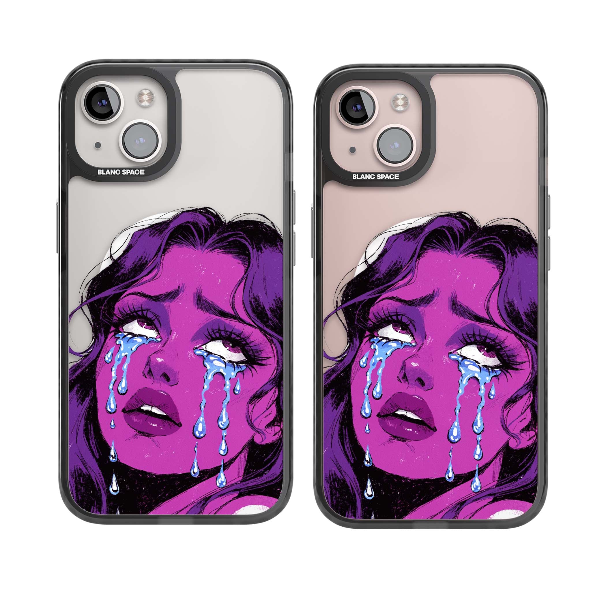 Drama Queen pop art iPhone case featuring a purple crying comic girl with blue tears | Black Impact Magsafe case for iPhone 13, iPhone 14, iPhone 15