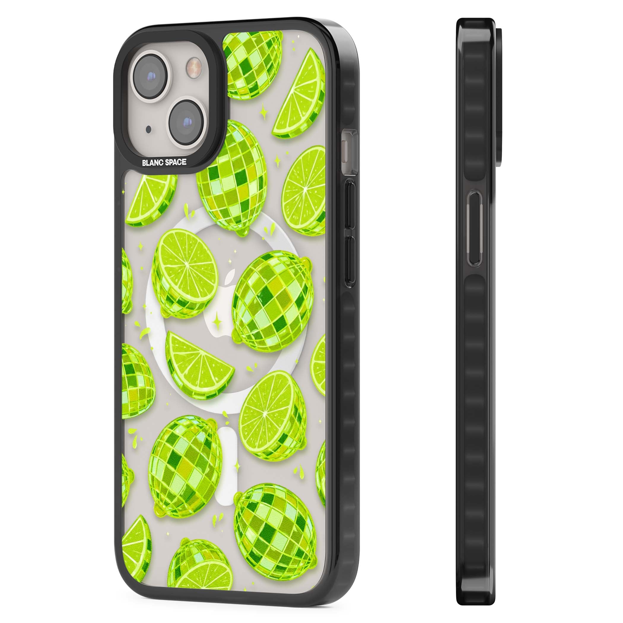 Disco Limes fruit aesthetic iPhone case featuring green disco balls, lime slices and citrus sparkles | Black Impact Magsafe case for iPhone 13, iPhone 14, iPhone 15