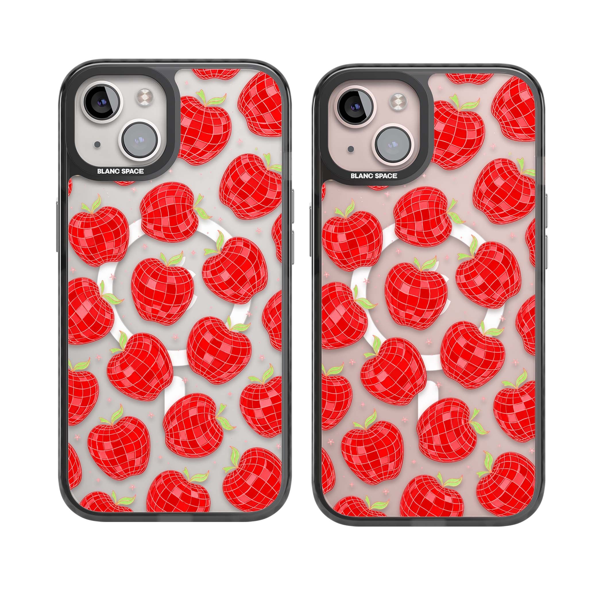 Disco Apples Y2K iPhone case featuring red disco ball apples, green leaves and pink sparkles on clear | Black Impact Magsafe case for iPhone 13, iPhone 14, iPhone 15