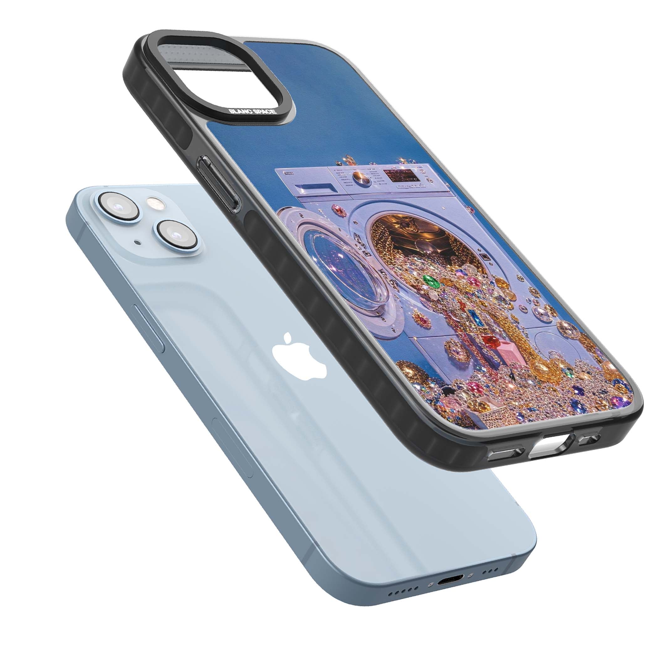 Gem Laundry baddie iPhone case featuring a surreal washing machine overflowing with colourful gemstones and crystals | Black Impact Magsafe case for iPhone 13, iPhone 14, iPhone 15