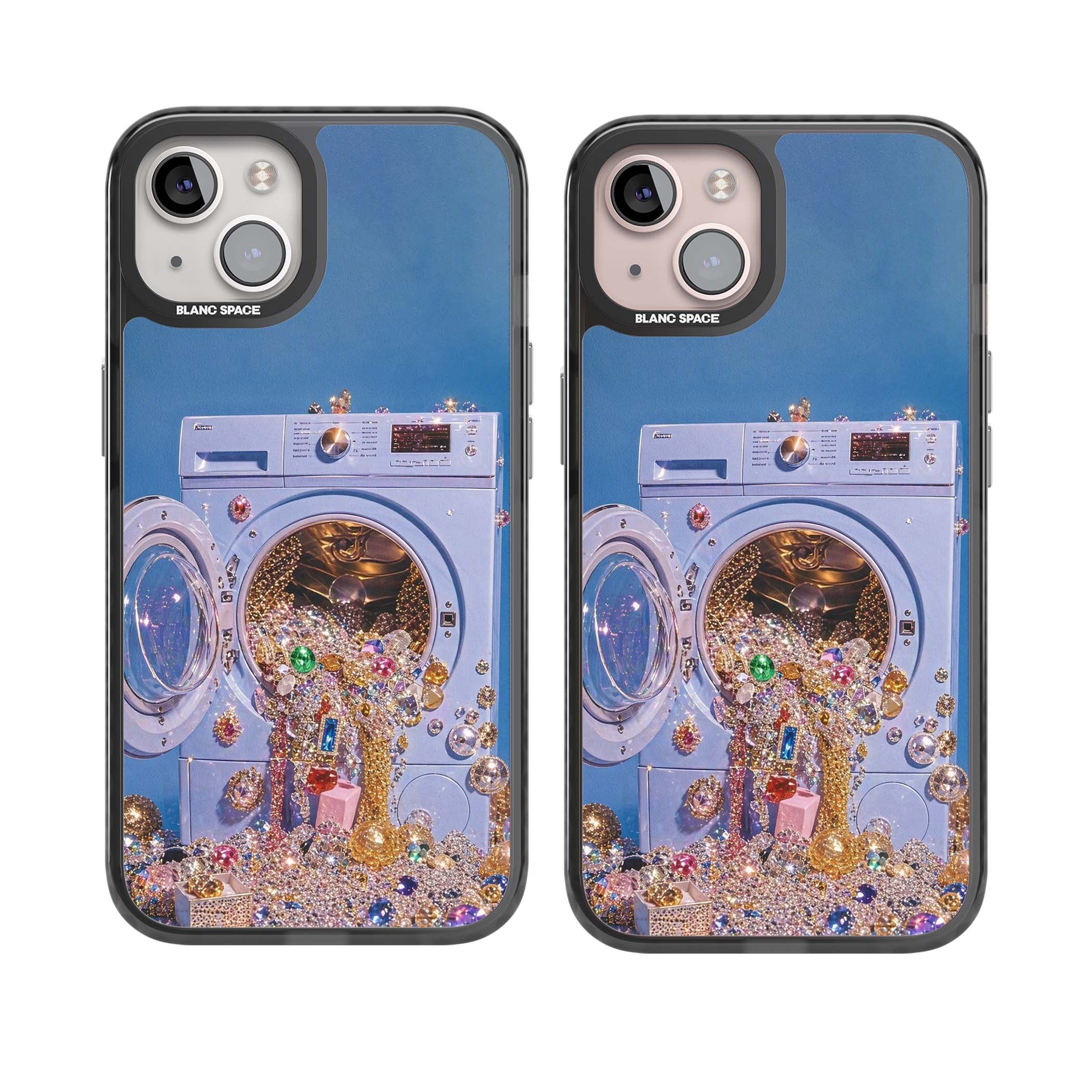 Gem Laundry baddie iPhone case featuring a surreal washing machine overflowing with colourful gemstones and crystals | Black Impact Magsafe case for iPhone 13, iPhone 14, iPhone 15