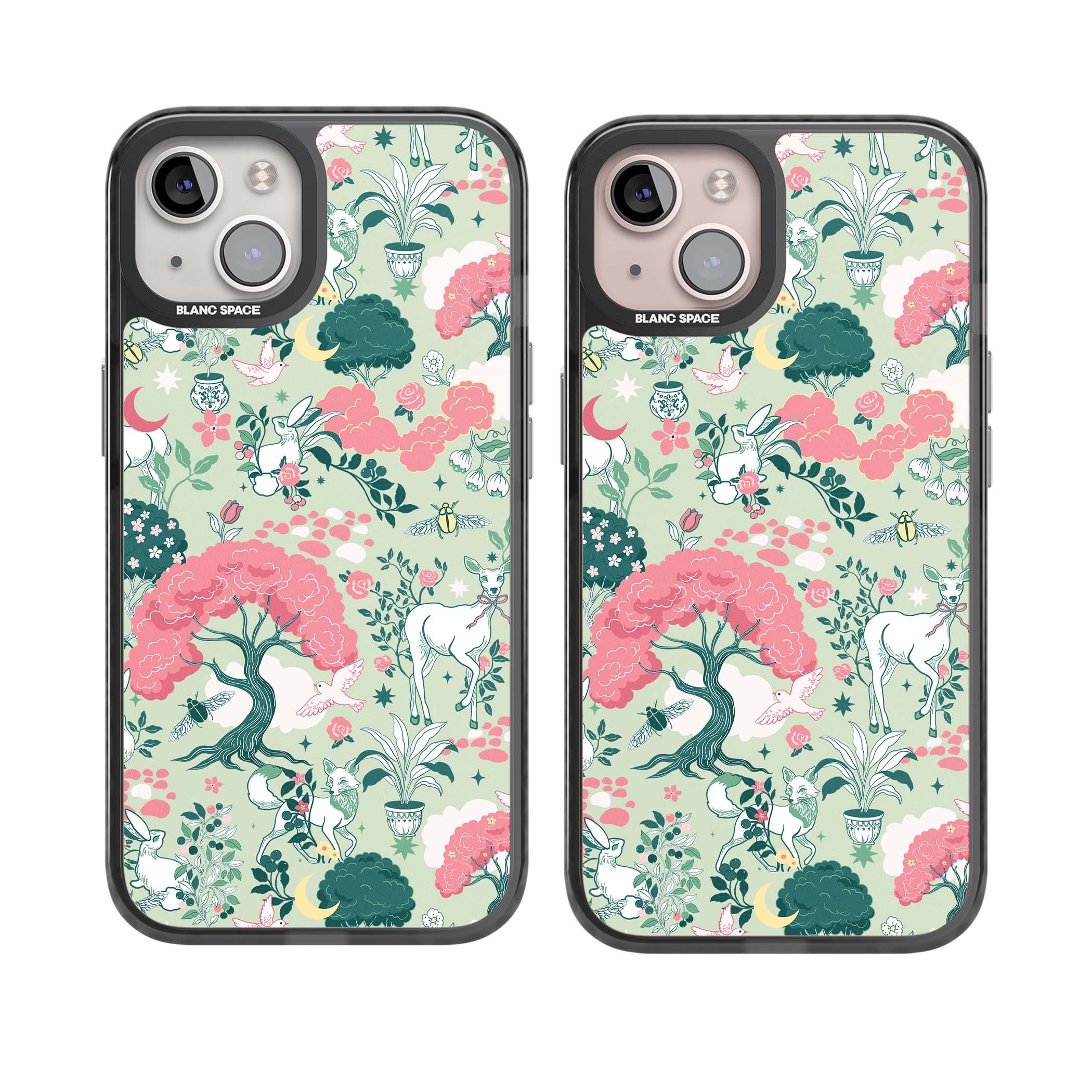 Enchanted Woodland cottagecore iPhone case featuring white deer, pink roses, mushrooms and woodland animals on sage green | Black Impact Magsafe case for iPhone 13, iPhone 14, iPhone 15