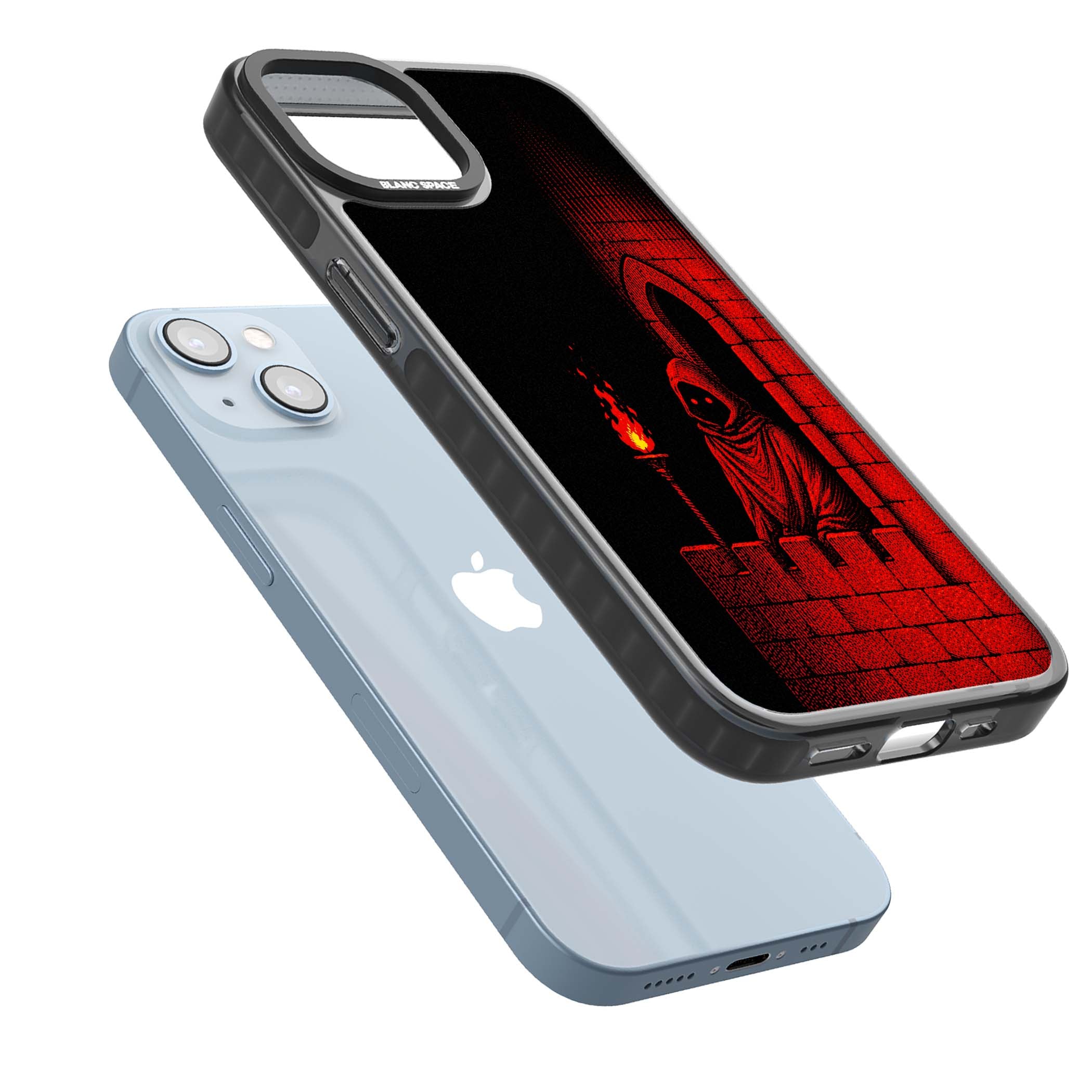 Crimson Crypt gothic iPhone case featuring a hooded reaper, torchlit crypt archway and red halftone horror art | Black Impact Magsafe case for iPhone 13, iPhone 14, iPhone 15