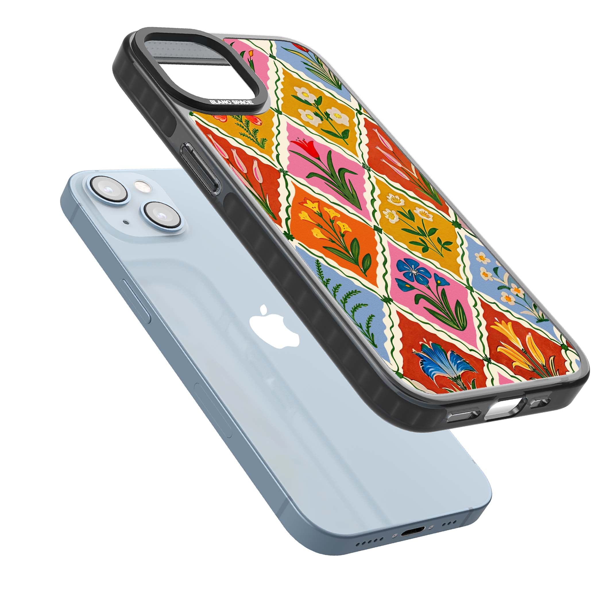 Floral Quilt boho floral iPhone case featuring diamond lattice pattern, hand-painted tulips and folk art wildflowers | Black Impact Magsafe case for iPhone 13, iPhone 14, iPhone 15