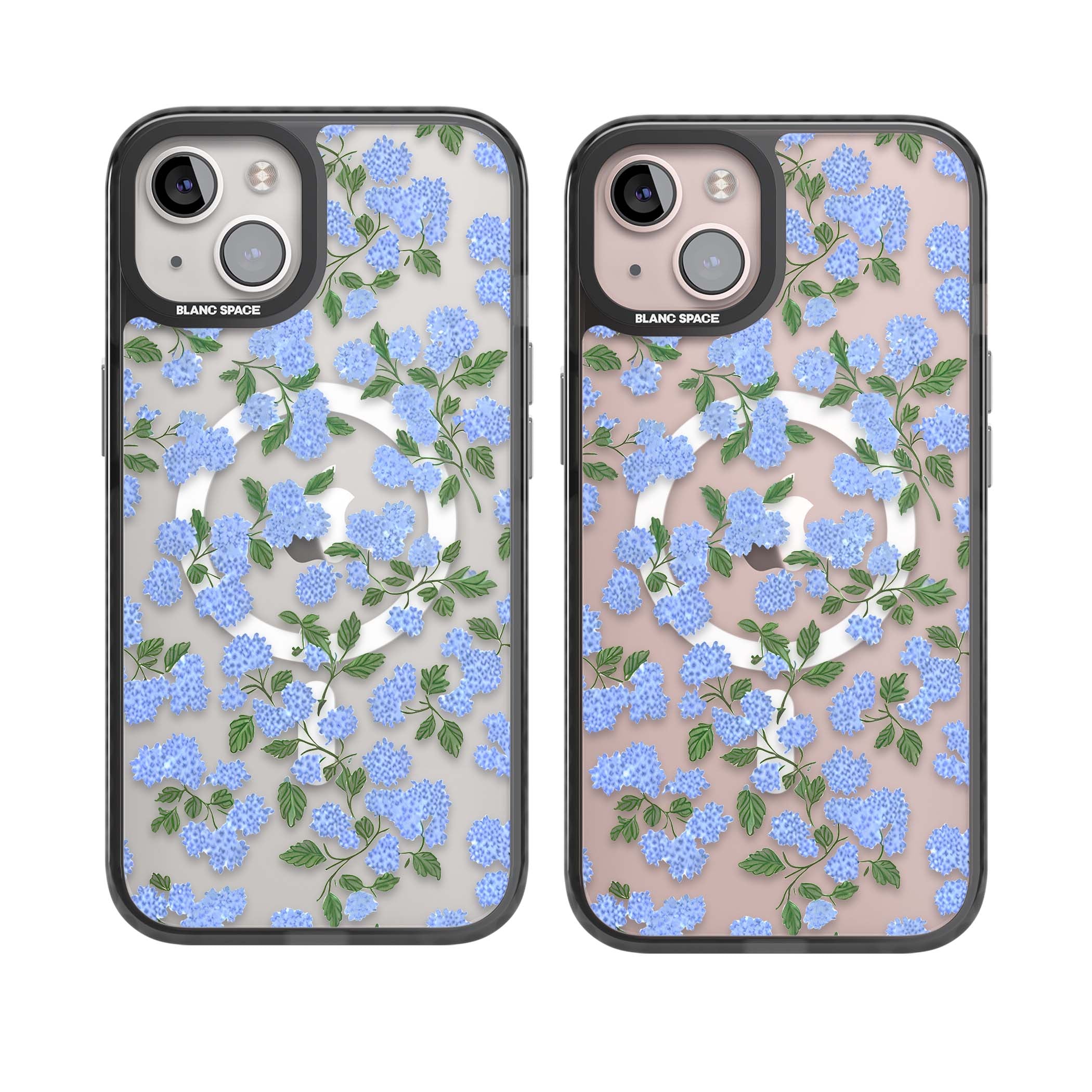 Hydrangea Dreams cottagecore iPhone case featuring soft blue hydrangea flower clusters and green leaves | Black Impact Magsafe case for iPhone 13, iPhone 14, iPhone 15
