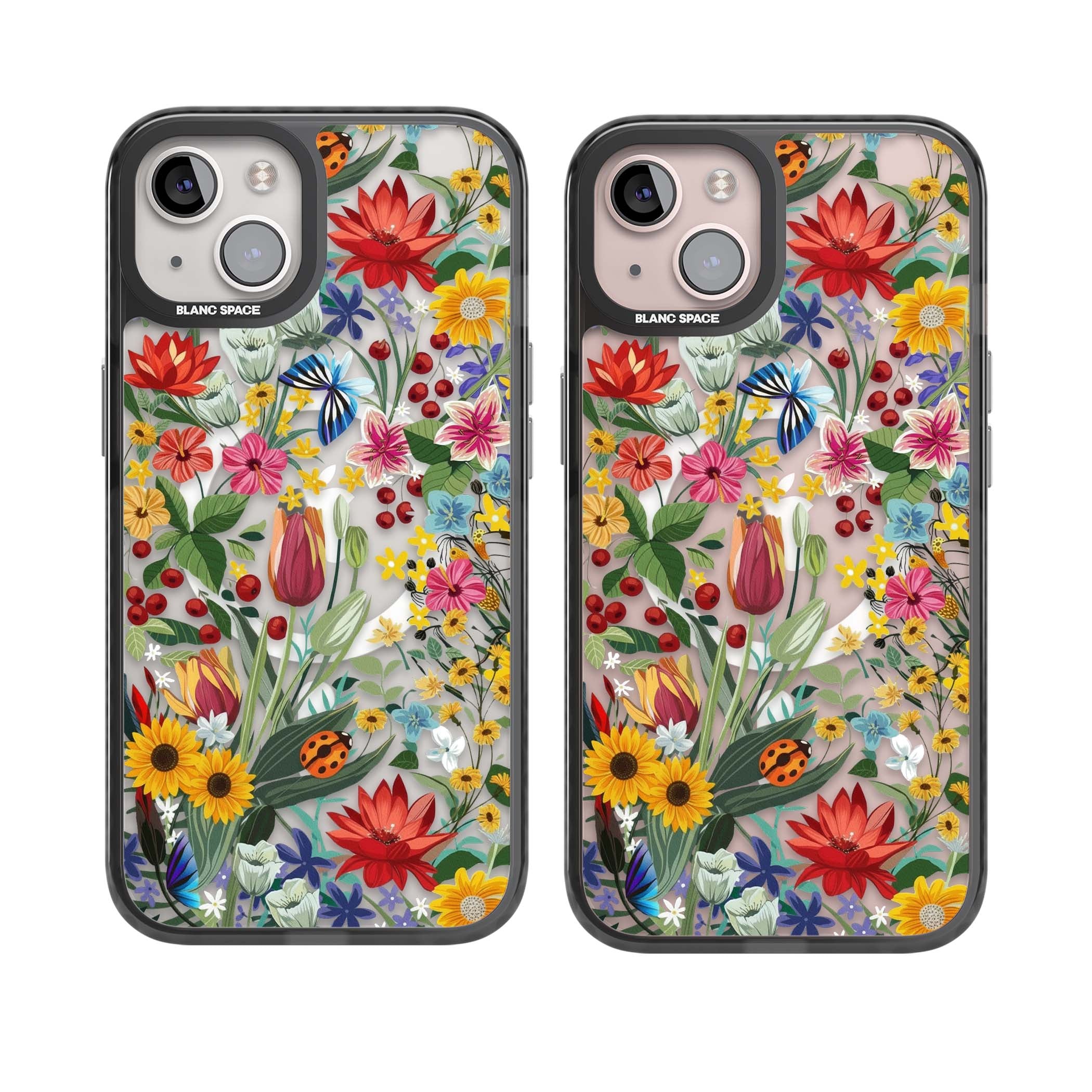Botanical Bloom cottagecore iPhone case featuring colorful wildflowers, sunflowers, and ladybugs on clear background | Black Impact Magsafe case for iPhone 13, iPhone 14, iPhone 15