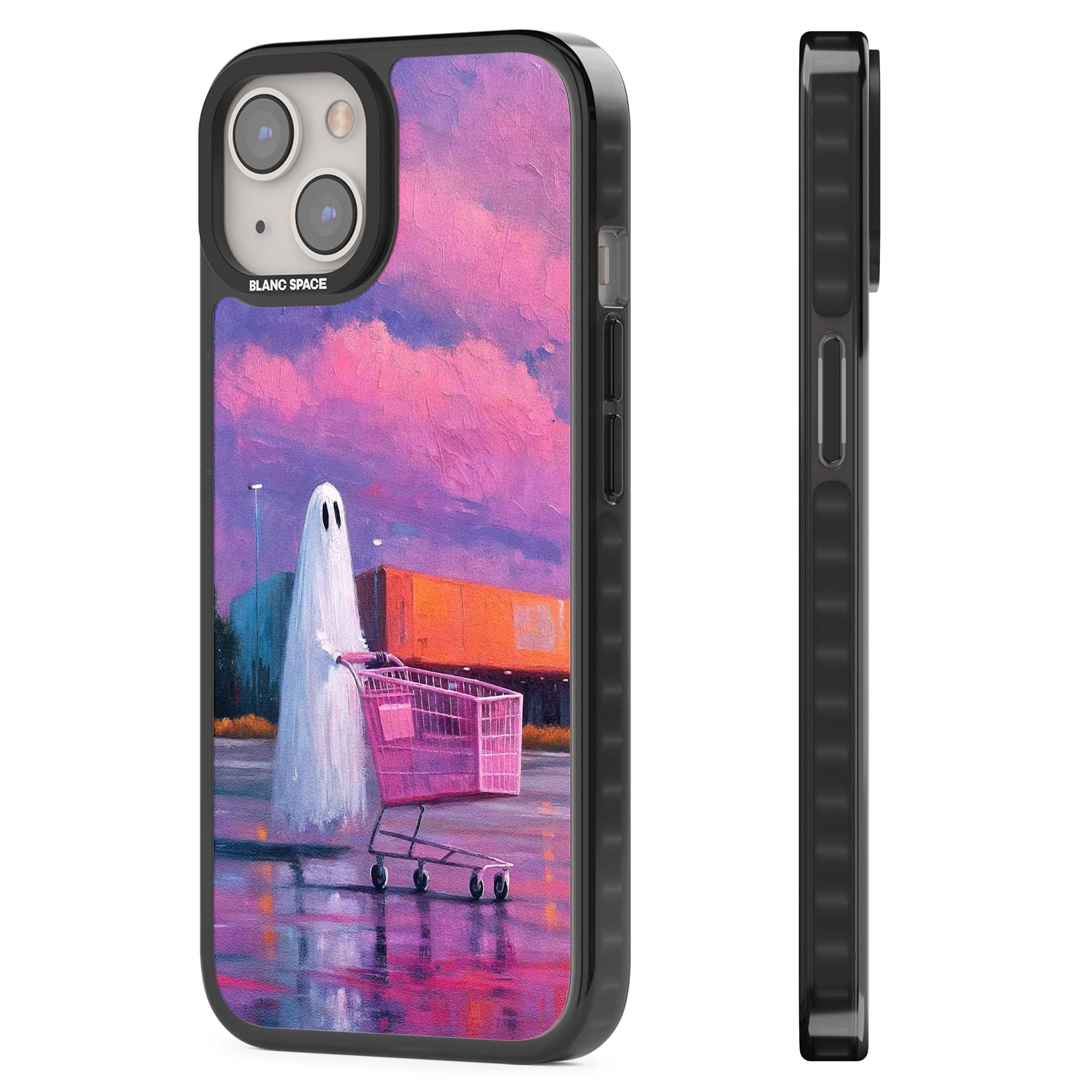 A Ghost's Errand ghost halloween iPhone case featuring a painted ghost, pink shopping trolley and purple sunset sky | Black Impact Magsafe case for iPhone 13, iPhone 14, iPhone 15