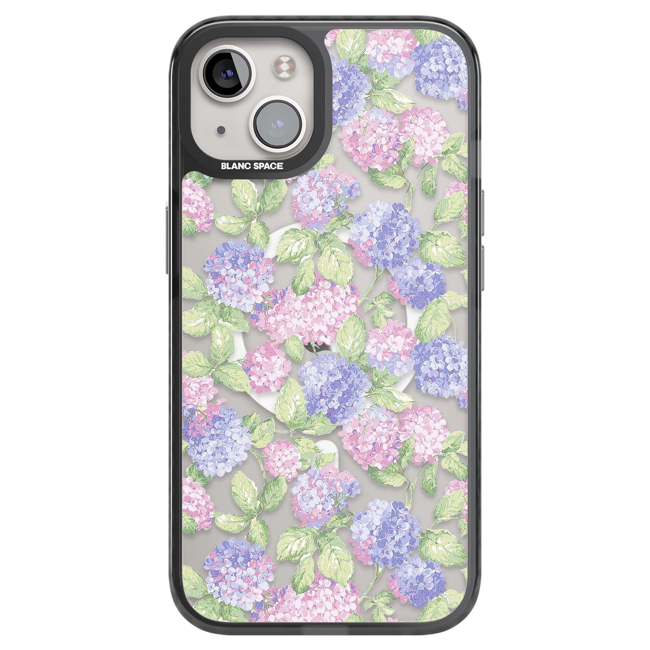 Cottage Hydrangea cottagecore iPhone case featuring pink and purple hydrangea blooms with green leaves on a clear background | Black Impact Magsafe case for iPhone 13, iPhone 14, iPhone 15