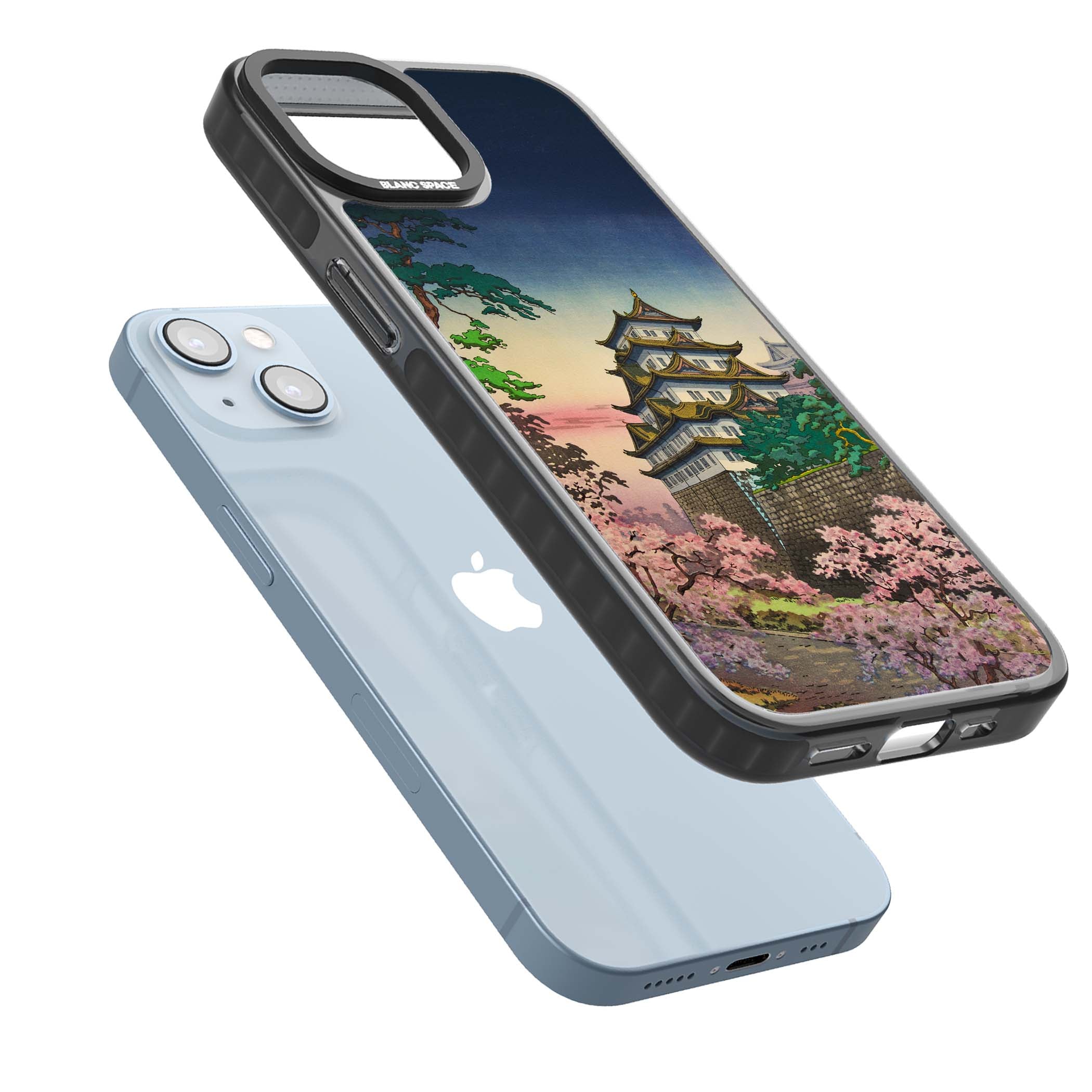 Nagoya Castle Japanese iPhone case featuring a vintage pagoda, twilight sky and cherry blossom trees | Black Impact Magsafe case for iPhone 13, iPhone 14, iPhone 15