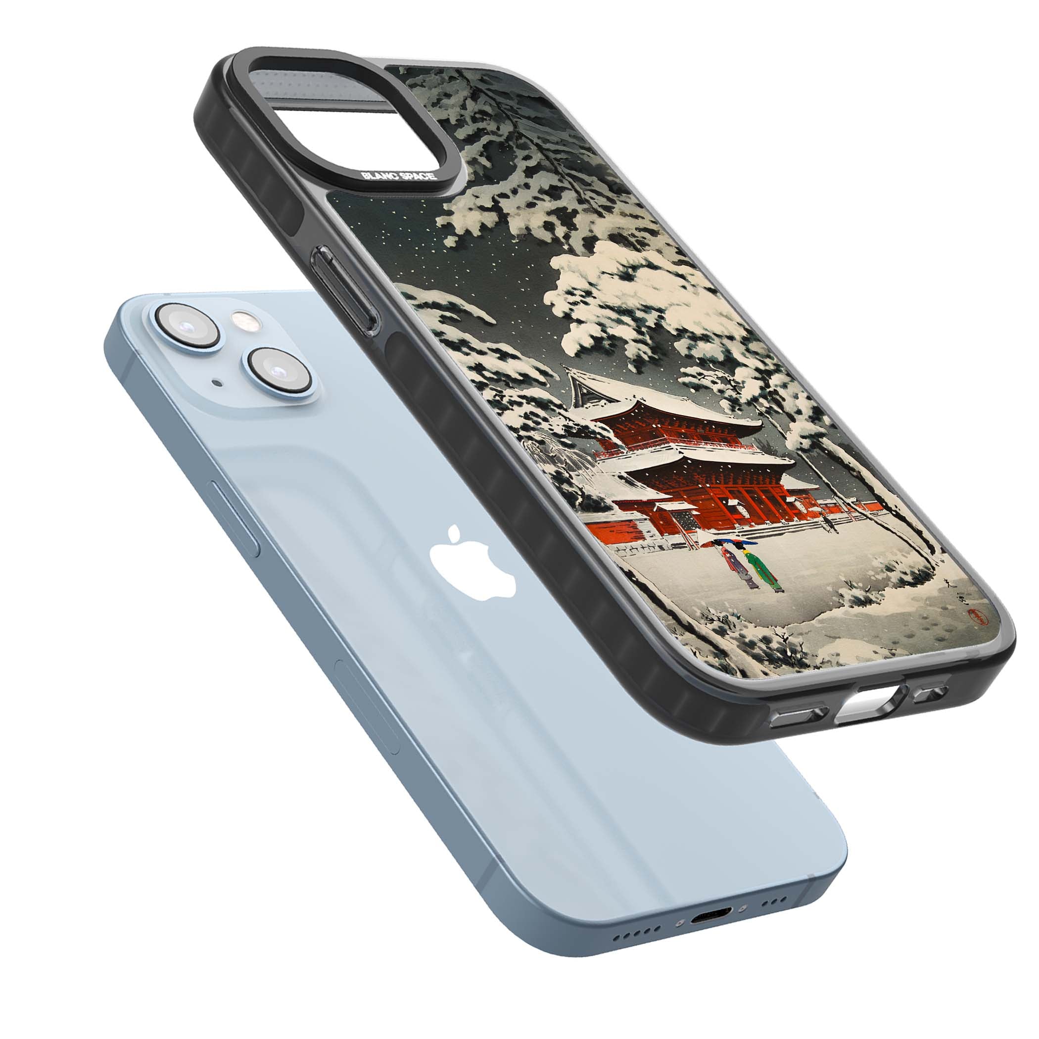Snow at Shiha Park, Tokyo Japanese art iPhone case featuring a vintage ukiyo-e snowy temple, red pagoda, and snow-covered pin | Black Impact Magsafe case for iPhone 13, iPhone 14, iPhone 15