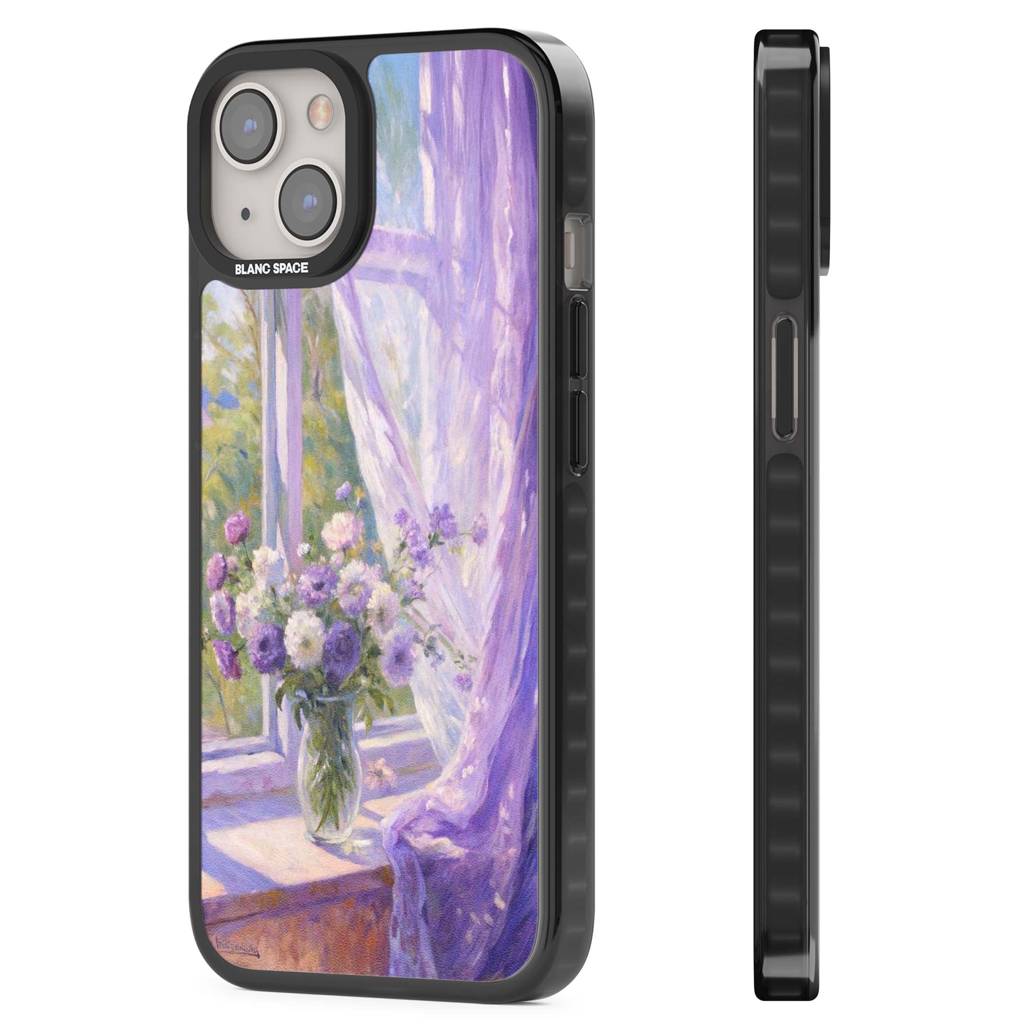 A Provence Morning impressionist art iPhone case featuring a vase of purple flowers, sunlit window and sheer curt | Black Impact Magsafe case for iPhone 13, iPhone 14, iPhone 15