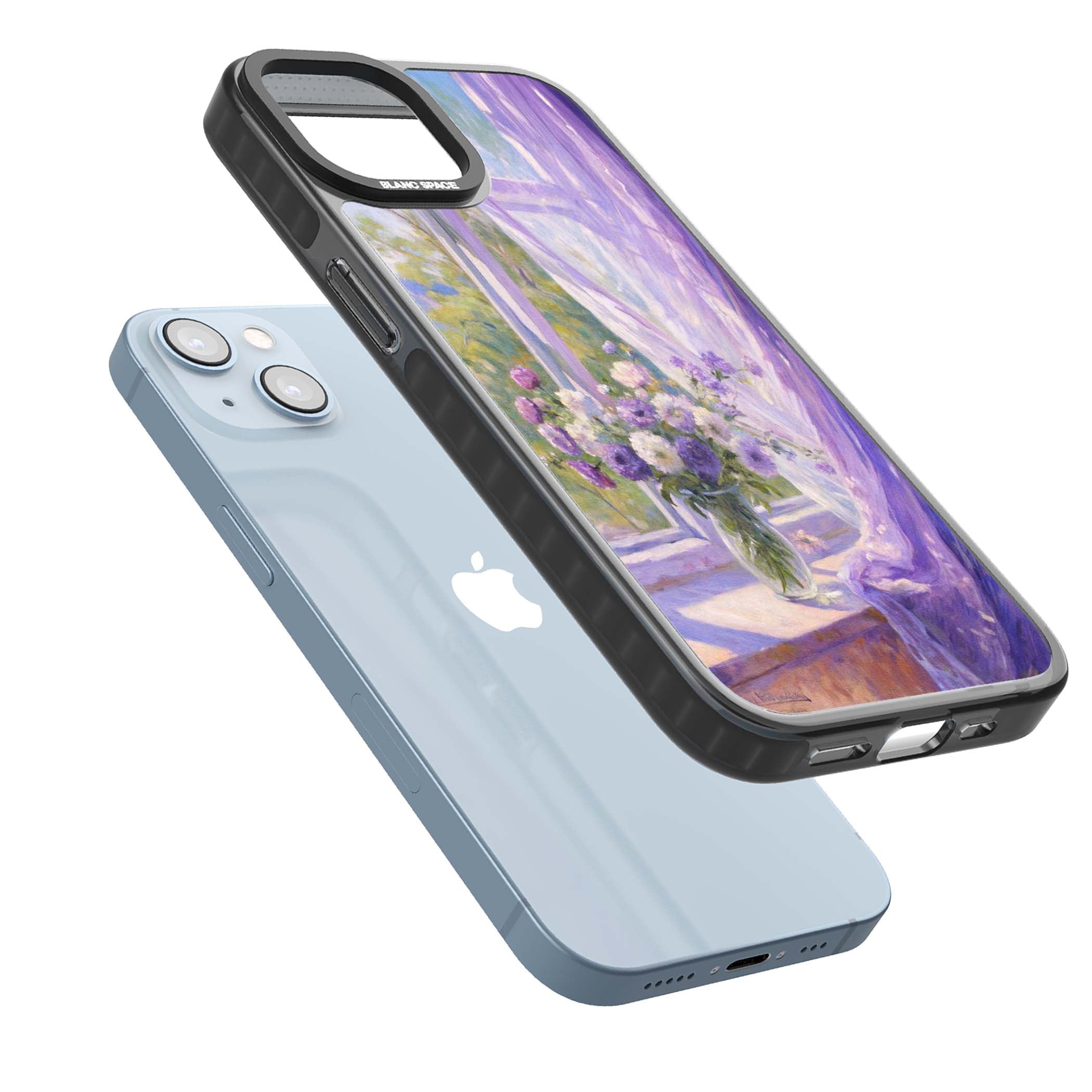 A Provence Morning impressionist art iPhone case featuring a vase of purple flowers, sunlit window and sheer curt | Black Impact Magsafe case for iPhone 13, iPhone 14, iPhone 15