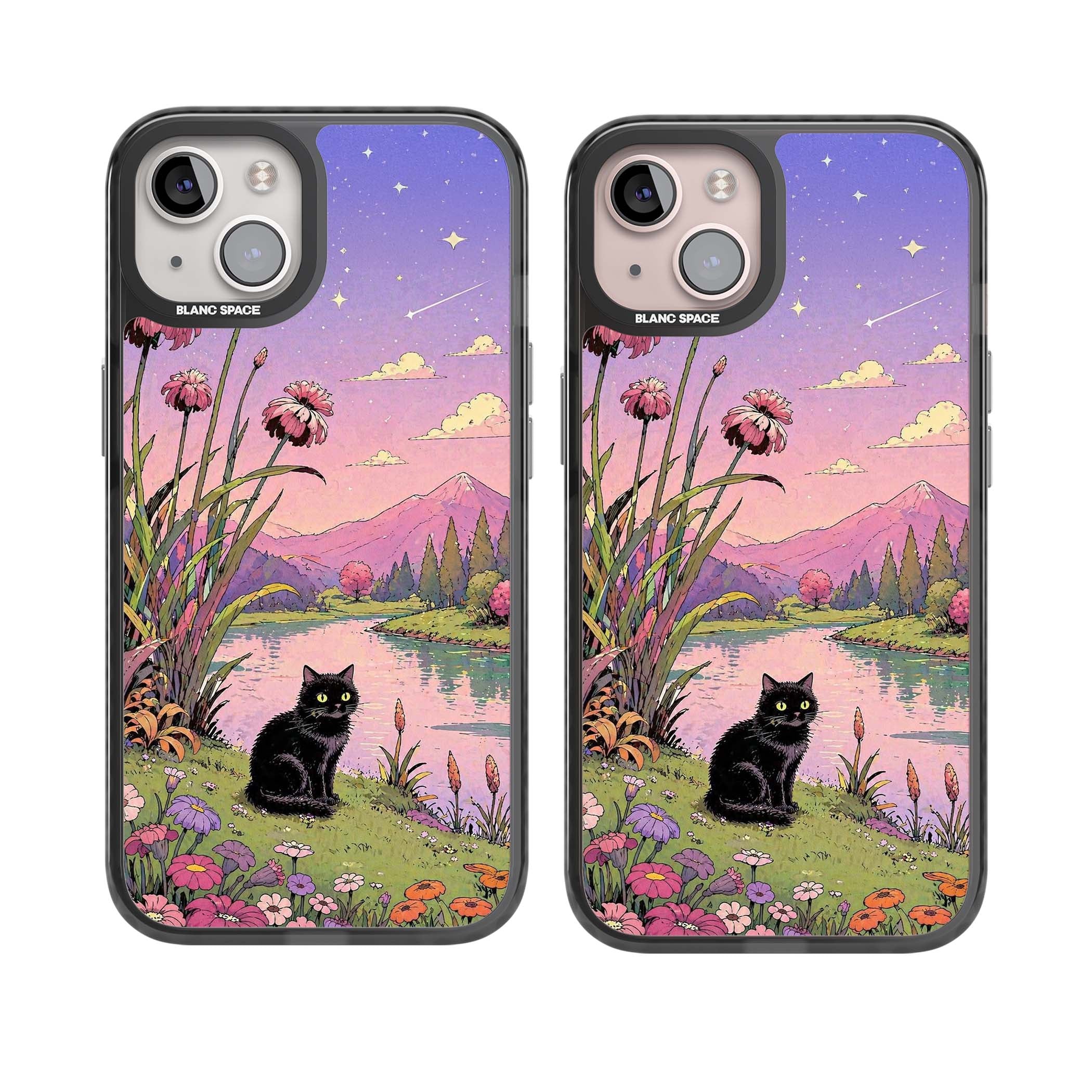 Mystic Whiskers ghibli iPhone case featuring a black cat by a pastel lake, wildflowers and a starry sunset sky | Black Impact Magsafe case for iPhone 13, iPhone 14, iPhone 15