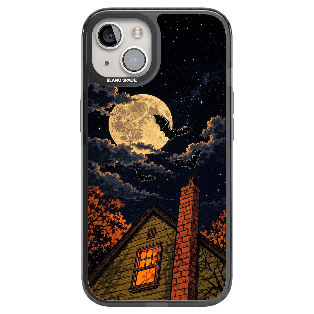 Hollows Eve Halloween iPhone case featuring a haunted house, full moon and flying bats against a starry autumn sky | Black Impact Magsafe case for iPhone 13, iPhone 14, iPhone 15
