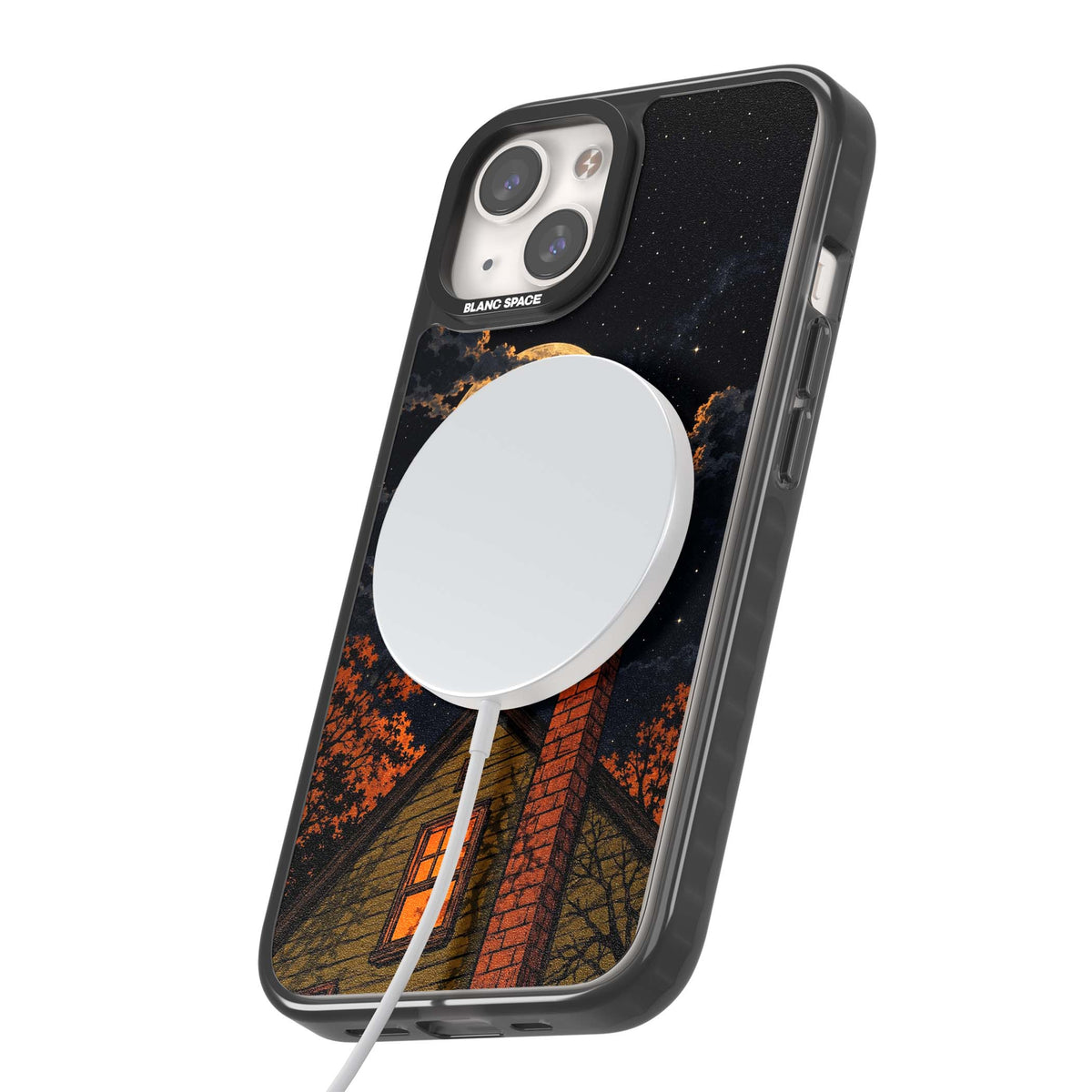 Hollows Eve Halloween iPhone case featuring a haunted house, full moon and flying bats against a starry autumn sky | Black Impact Magsafe case for iPhone 13, iPhone 14, iPhone 15