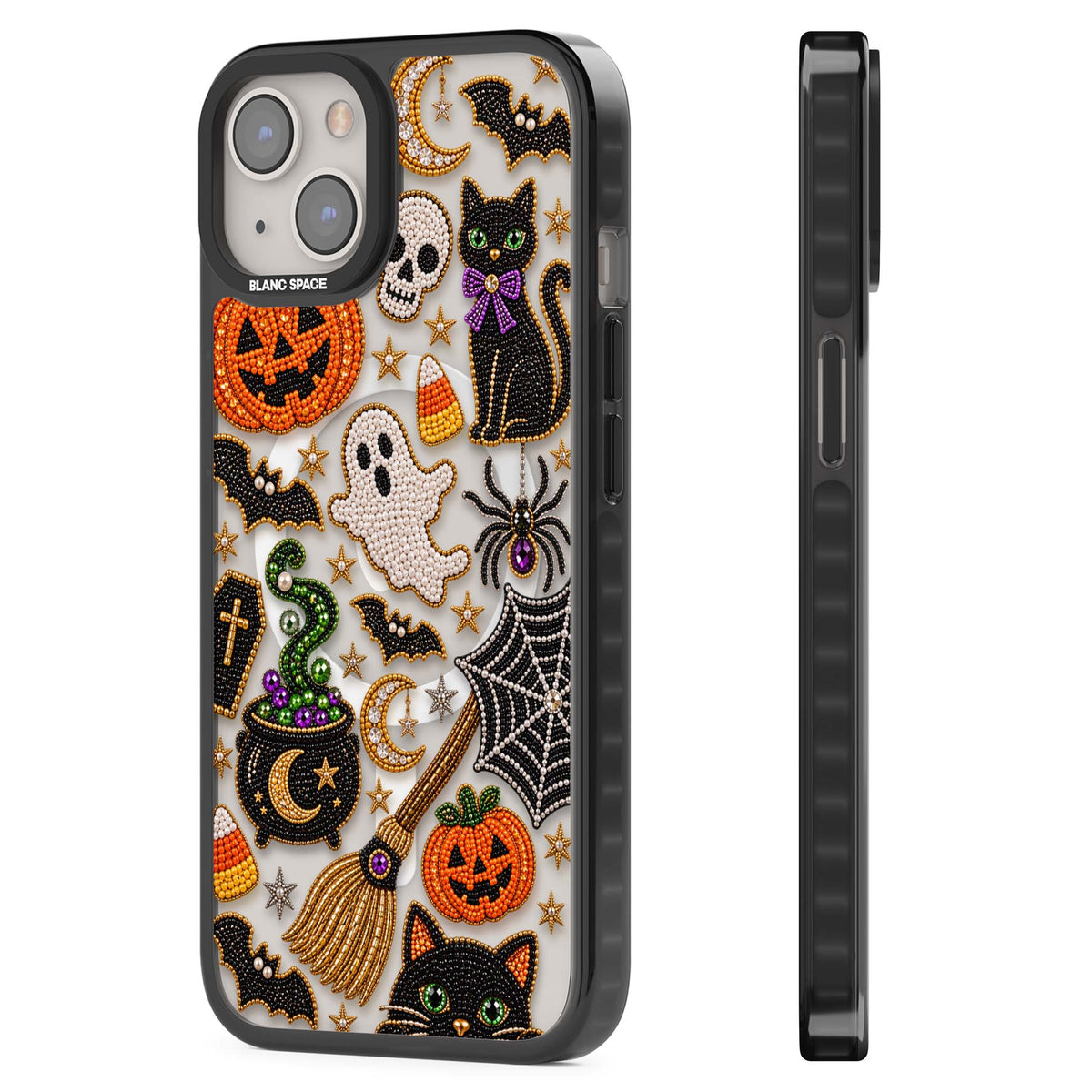 Beaded Halloween Halloween iPhone case featuring beaded pumpkins, ghosts, black cats and bats | Black Impact Magsafe case for iPhone 13, iPhone 14, iPhone 15
