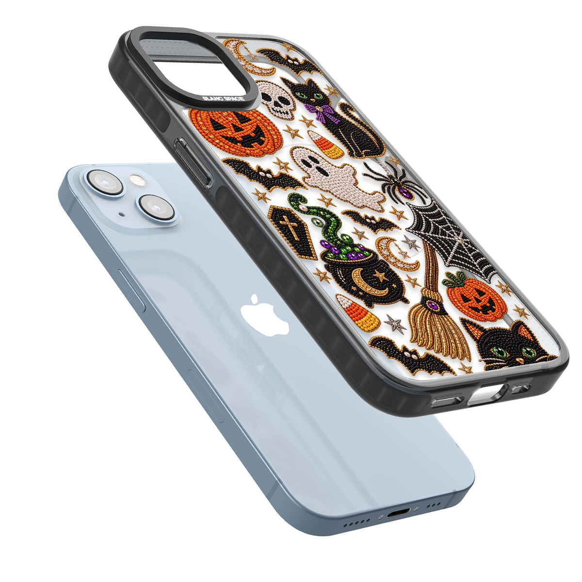 Beaded Halloween Halloween iPhone case featuring beaded pumpkins, ghosts, black cats and bats | Black Impact Magsafe case for iPhone 13, iPhone 14, iPhone 15
