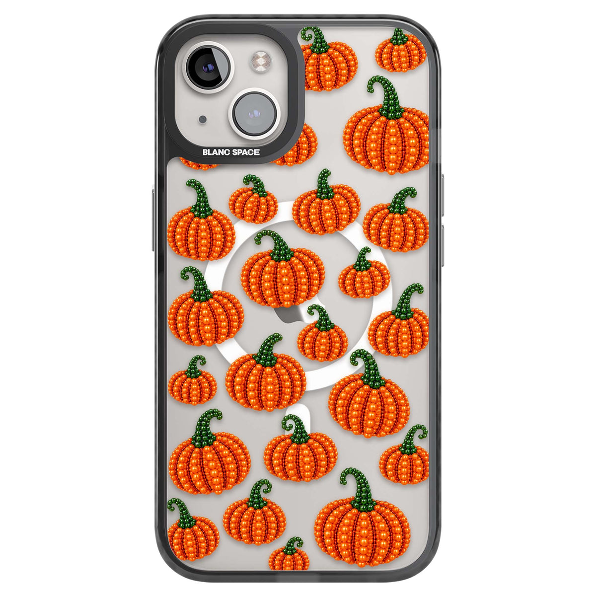 Beaded Pumpkins halloween iPhone case featuring beaded orange pumpkins with green stems on a clear background | Black Impact Magsafe case for iPhone 13, iPhone 14, iPhone 15