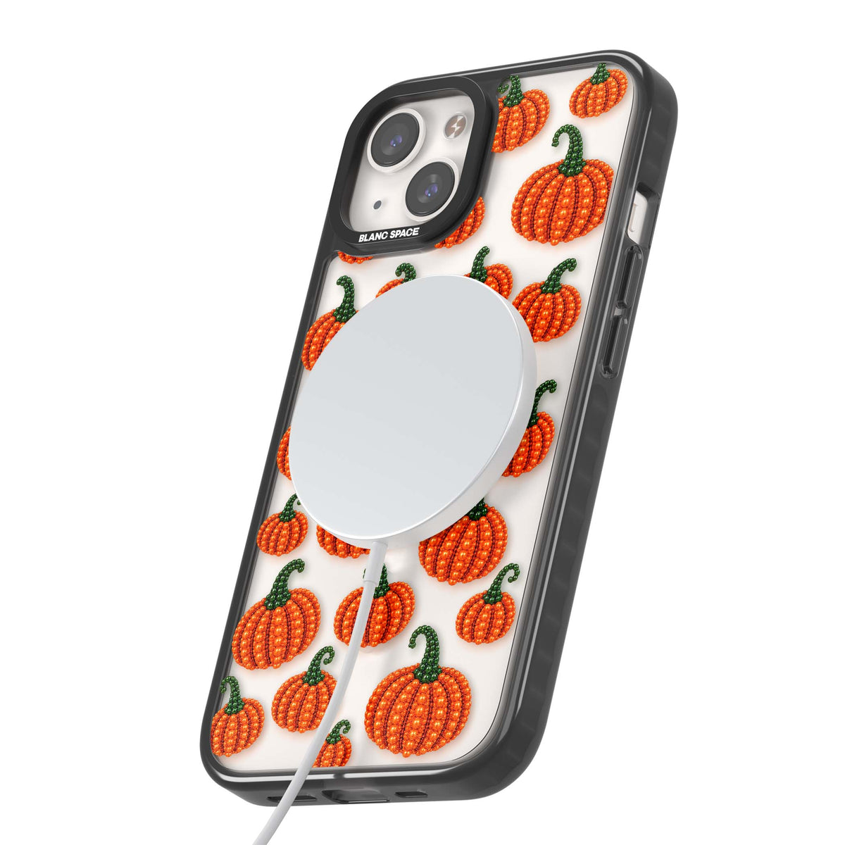 Beaded Pumpkins halloween iPhone case featuring beaded orange pumpkins with green stems on a clear background | Black Impact Magsafe case for iPhone 13, iPhone 14, iPhone 15