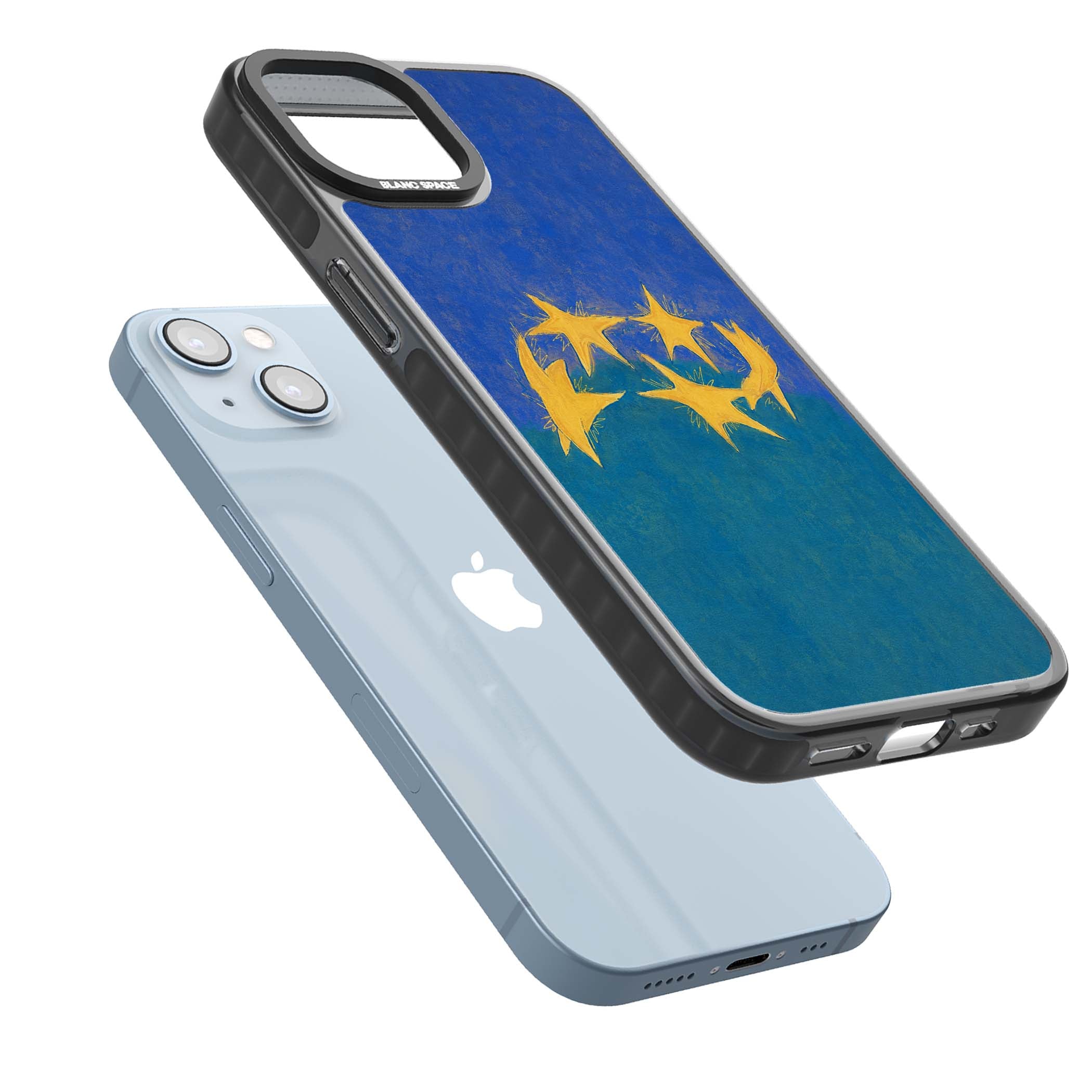 Star Boogie stars aesthetic iPhone case featuring five yellow hand-painted stars on cobalt blue and teal | Black Impact Magsafe case for iPhone 13, iPhone 14, iPhone 15