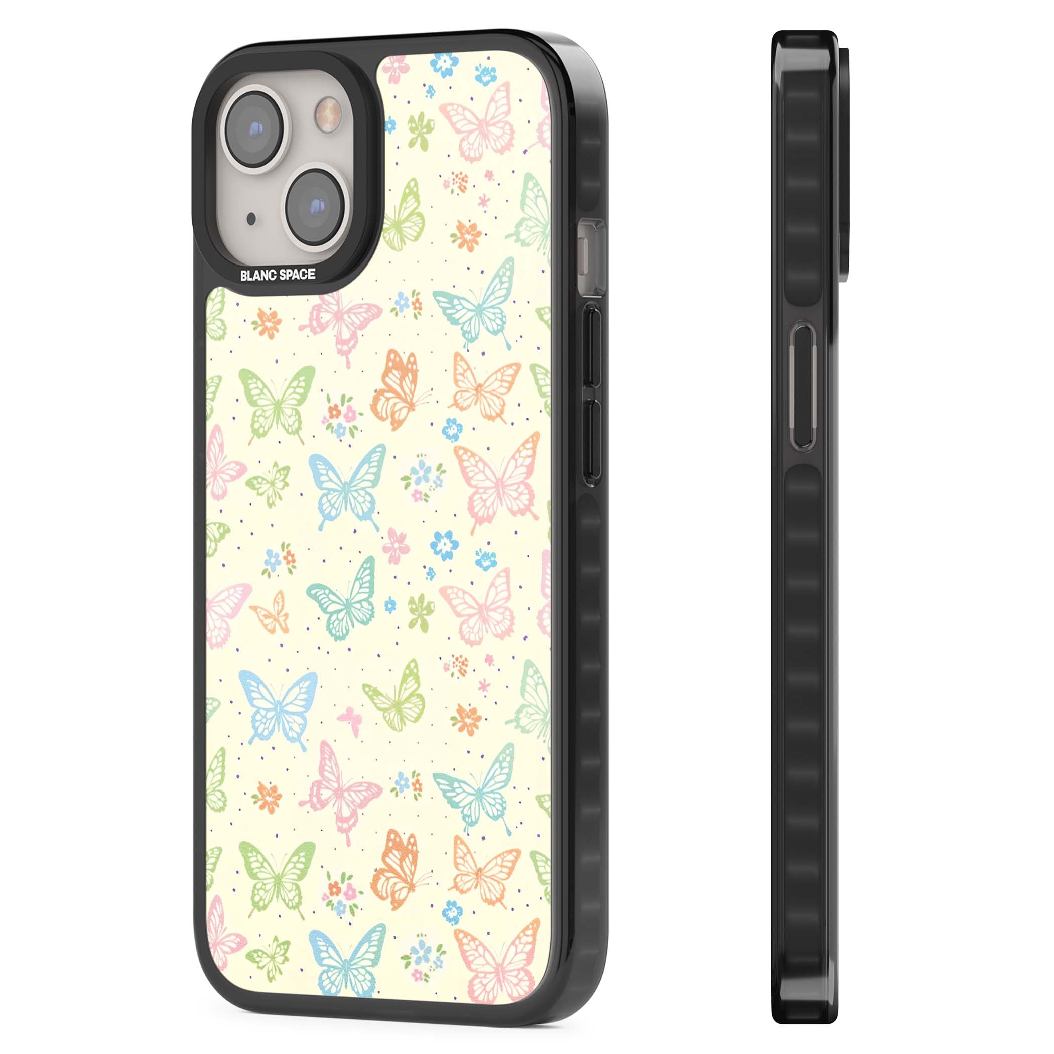 Sugar Wings cottagecore iPhone case featuring rainbow pastel butterflies, tiny wildflowers, and a cream background | Black Impact Magsafe case for iPhone 13, iPhone 14, iPhone 15