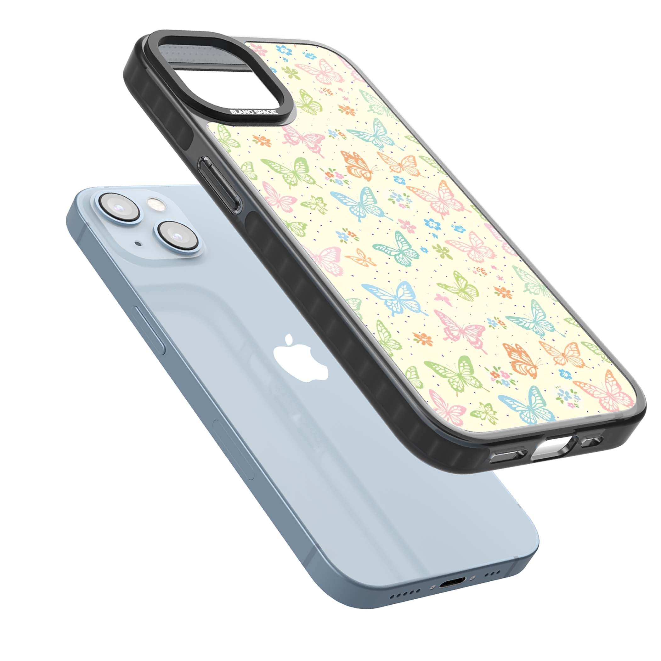 Sugar Wings cottagecore iPhone case featuring rainbow pastel butterflies, tiny wildflowers, and a cream background | Black Impact Magsafe case for iPhone 13, iPhone 14, iPhone 15