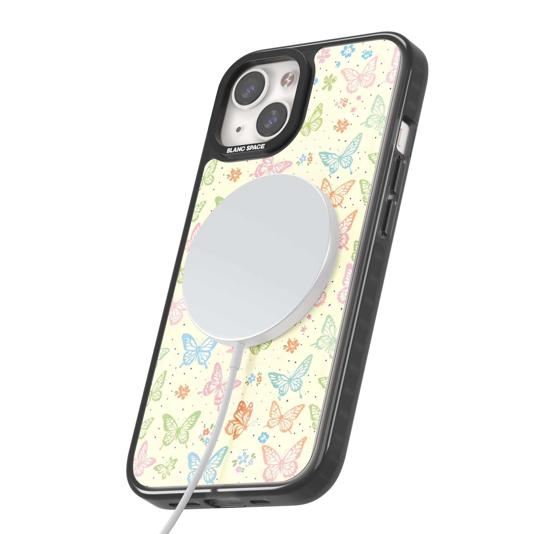 Sugar Wings cottagecore iPhone case featuring rainbow pastel butterflies, tiny wildflowers, and a cream background | Black Impact Magsafe case for iPhone 13, iPhone 14, iPhone 15
