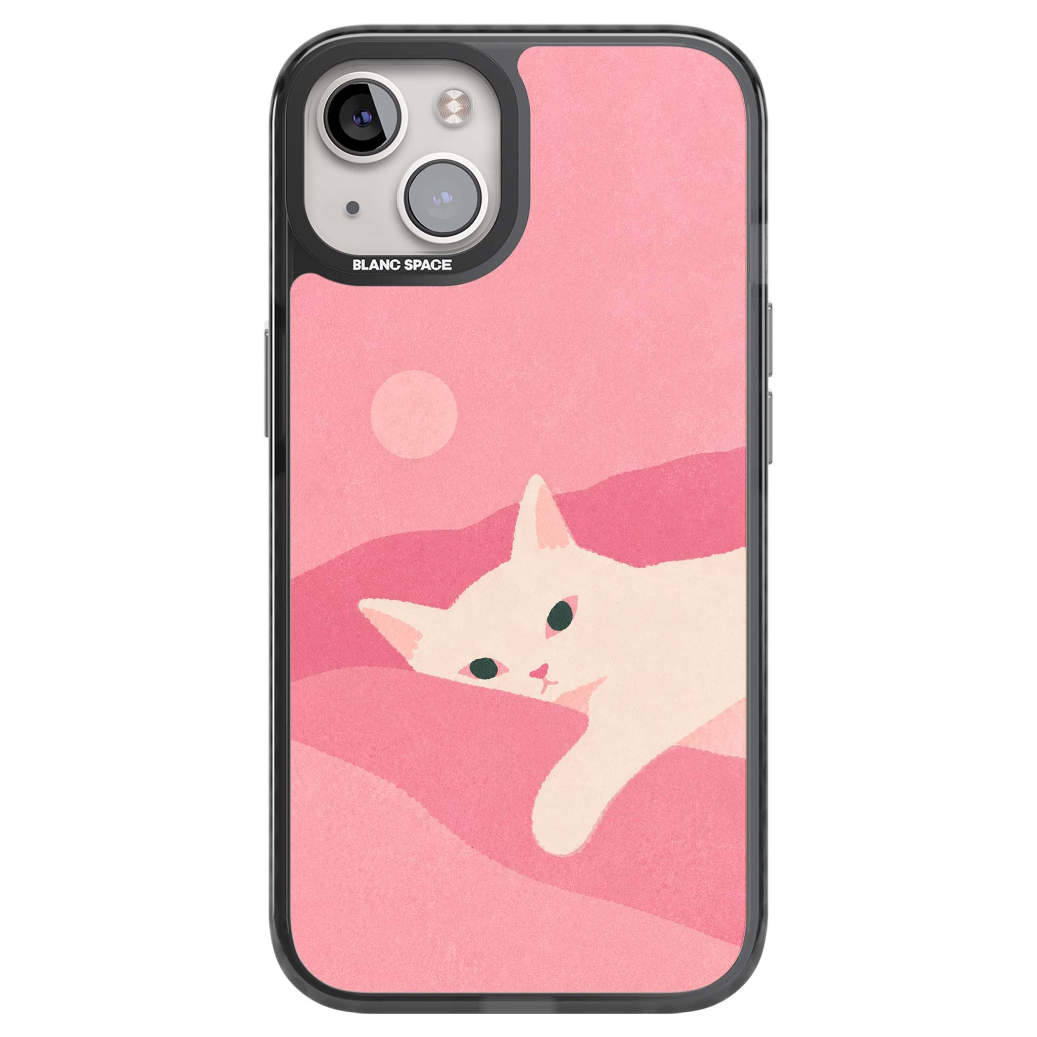Pink Dreams cute cat iPhone case featuring a white kitten, soft pink hills and a pale pastel sun | Black Impact Magsafe case for iPhone 13, iPhone 14, iPhone 15