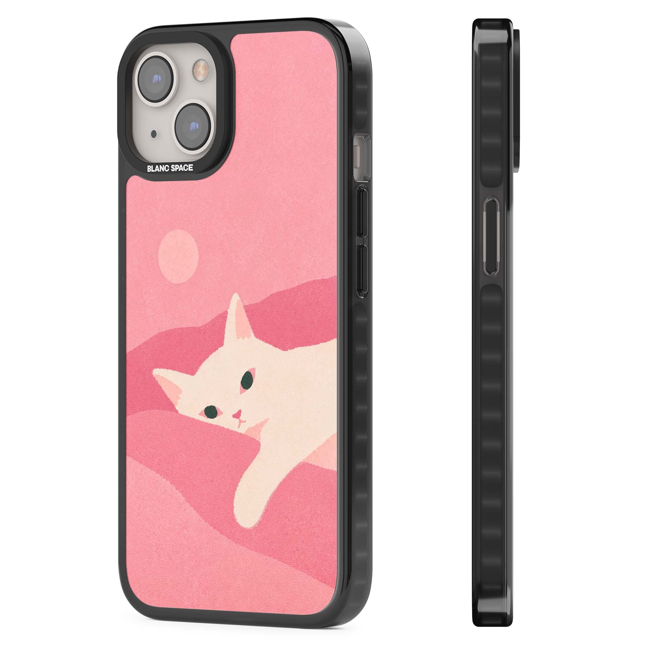 Pink Dreams cute cat iPhone case featuring a white kitten, soft pink hills and a pale pastel sun | Black Impact Magsafe case for iPhone 13, iPhone 14, iPhone 15