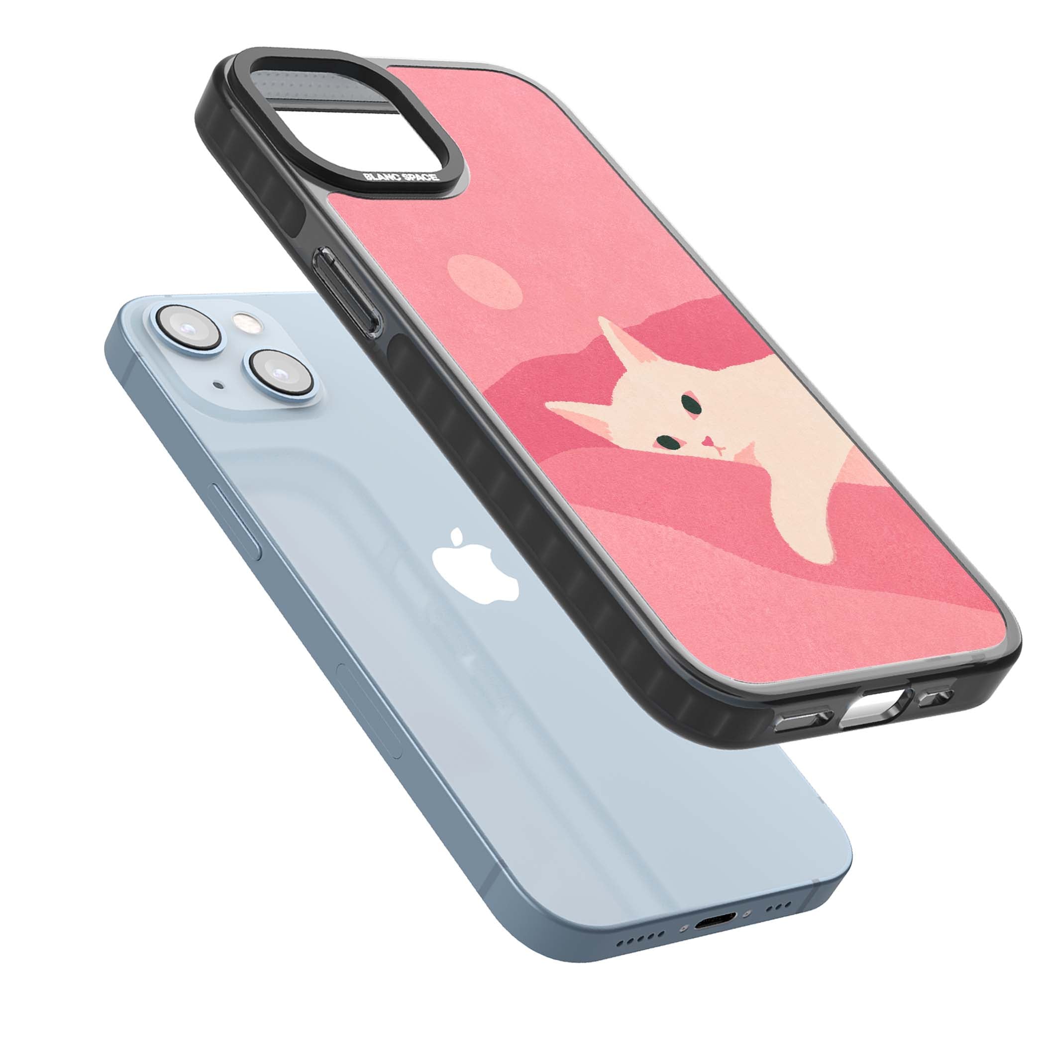 Pink Dreams cute cat iPhone case featuring a white kitten, soft pink hills and a pale pastel sun | Black Impact Magsafe case for iPhone 13, iPhone 14, iPhone 15
