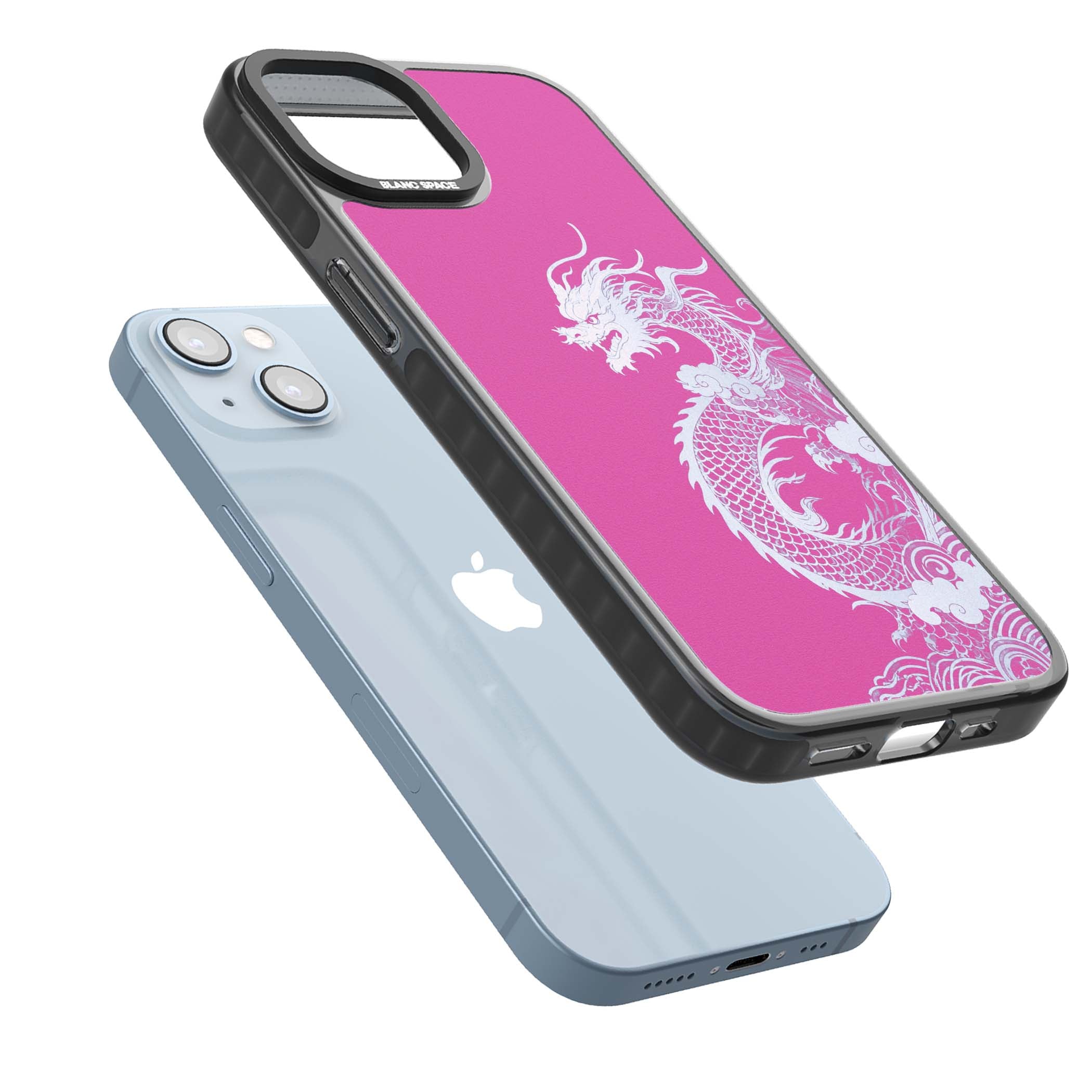 Pink Empress chinese dragon iPhone case featuring a white dragon, swirling clouds and pink dragon wallpaper backdrop | Black Impact Magsafe case for iPhone 13, iPhone 14, iPhone 15