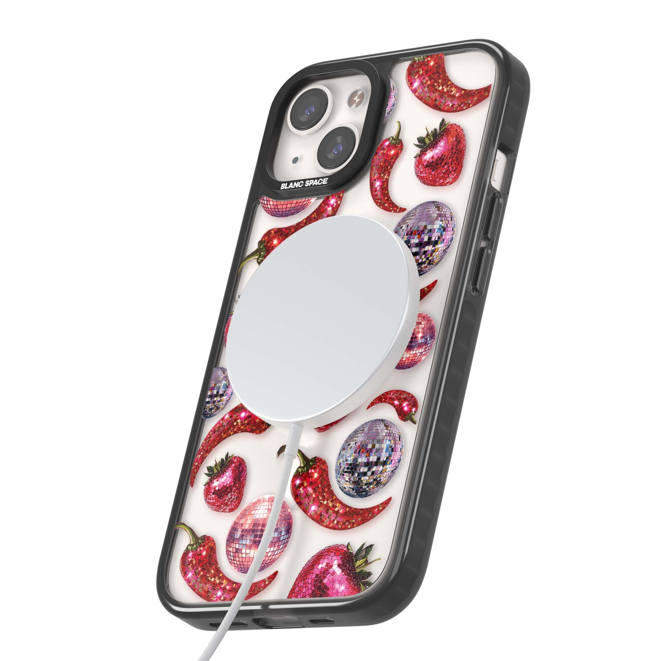 Spicy Disco Y2K iPhone case featuring glitter disco balls, sparkly strawberries and red chilli peppers | Black Impact Magsafe case for iPhone 13, iPhone 14, iPhone 15