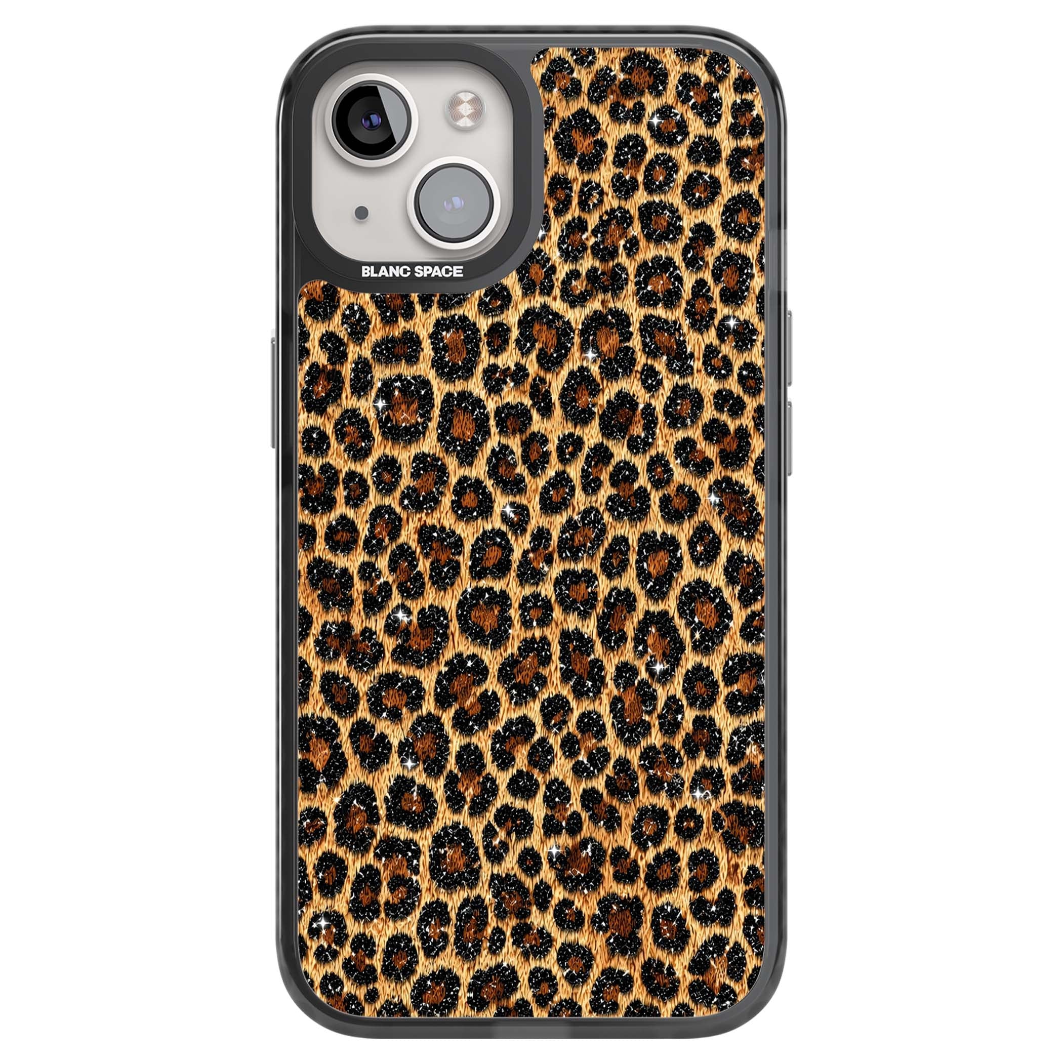 Diamond Leopard leopard print iPhone case featuring golden tan fur, black rosette spots and subtle glitter sparkle | Black Impact Magsafe case for iPhone 13, iPhone 14, iPhone 15