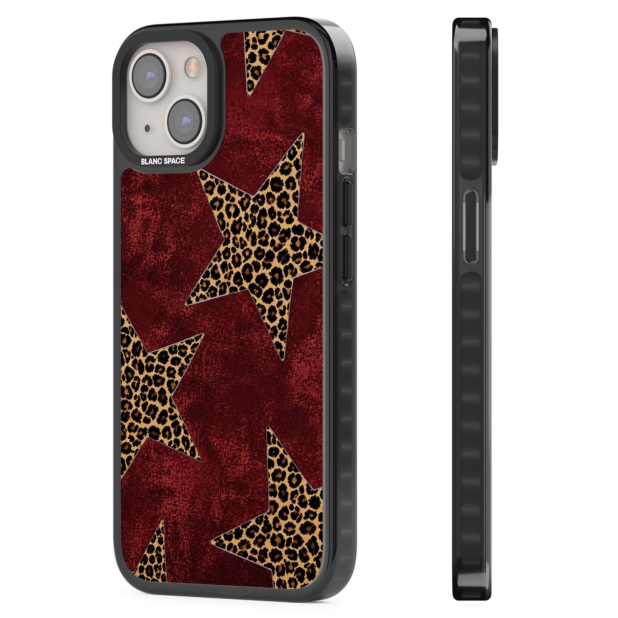 Showgirl leopard print iPhone case featuring cheetah print stars on distressed red grunge background | Black Impact Magsafe case for iPhone 13, iPhone 14, iPhone 15