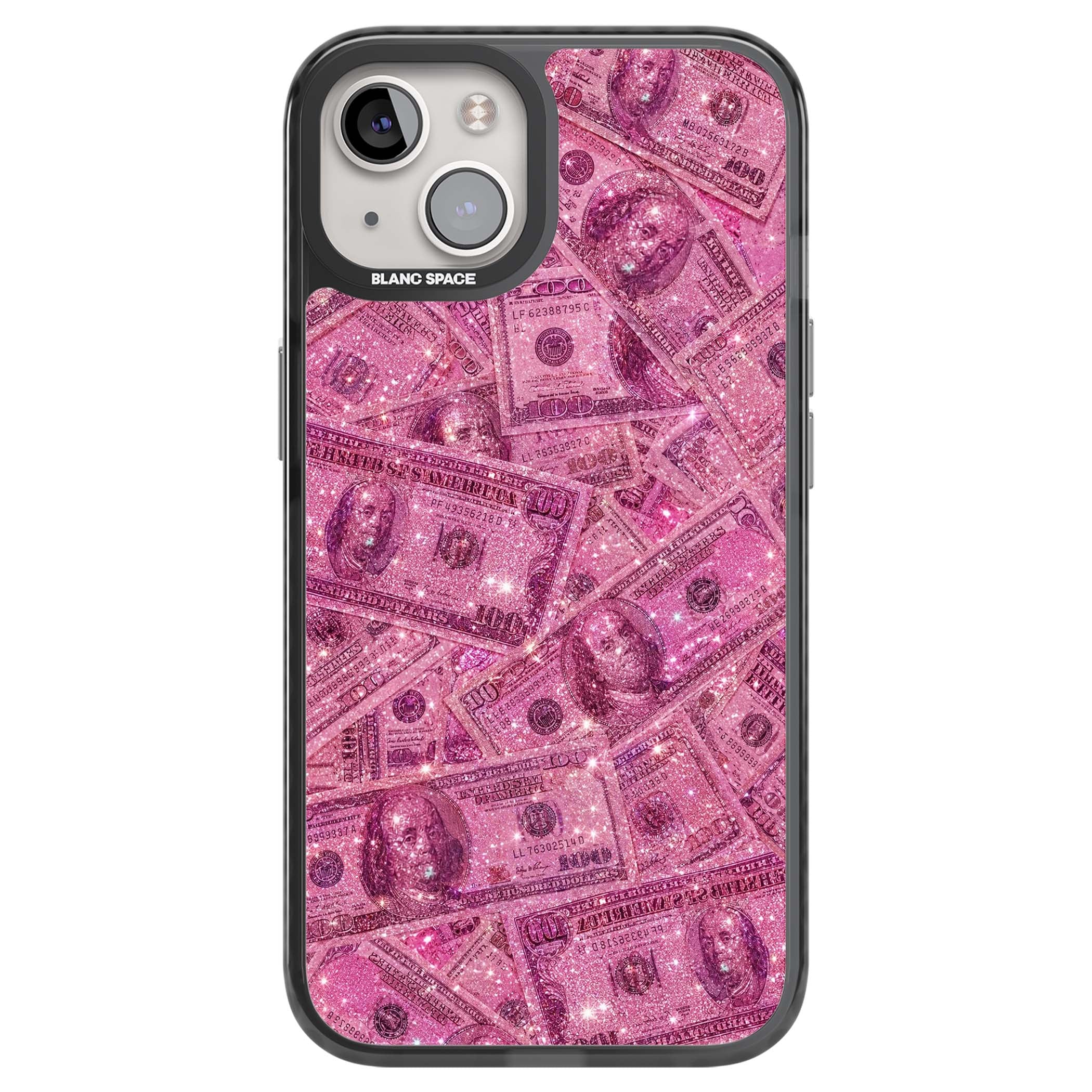 Glamorous baddie iPhone case featuring pink glitter hundred dollar bills and sparkling money wallpaper design | Black Impact Magsafe case for iPhone 13, iPhone 14, iPhone 15