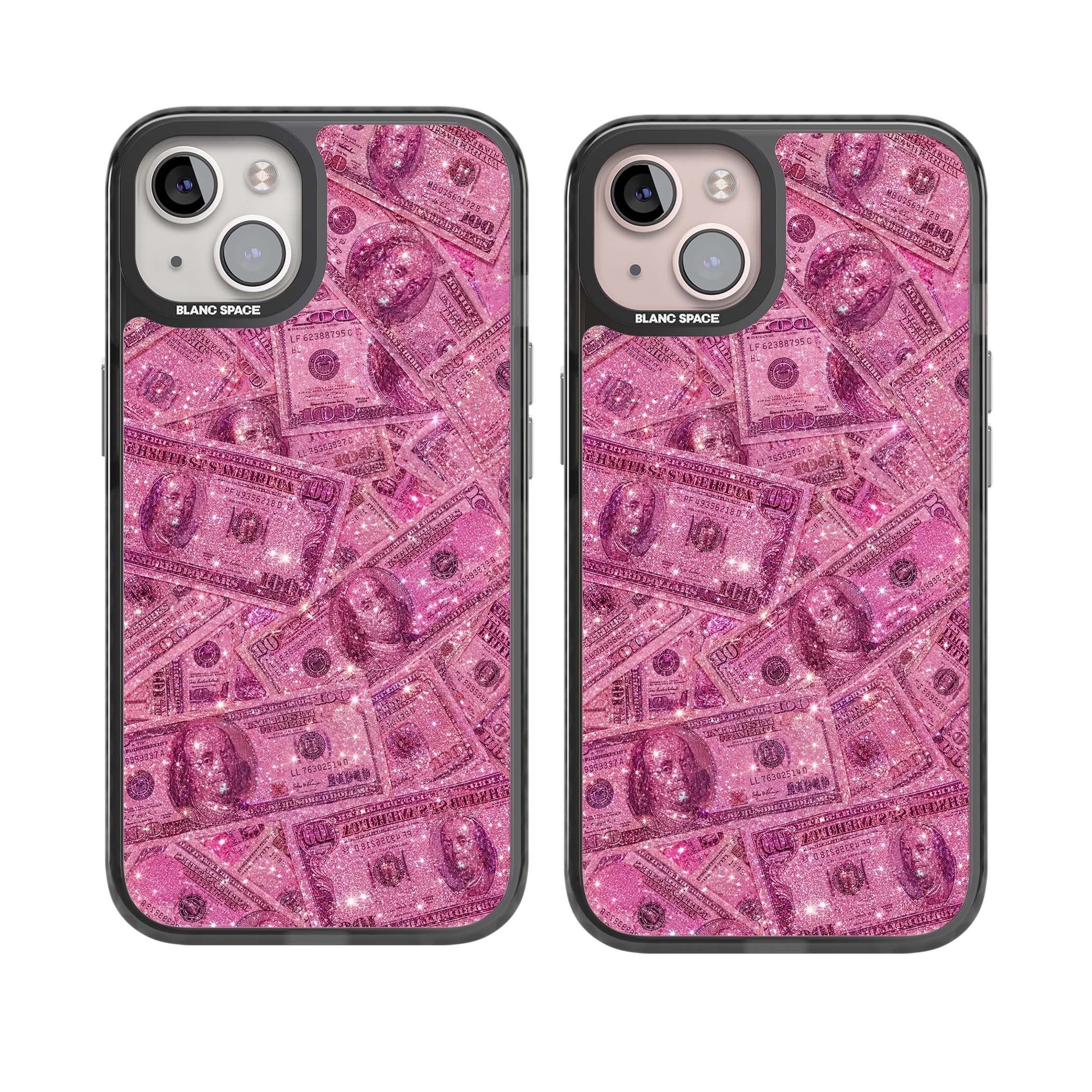 Glamorous baddie iPhone case featuring pink glitter hundred dollar bills and sparkling money wallpaper design | Black Impact Magsafe case for iPhone 13, iPhone 14, iPhone 15
