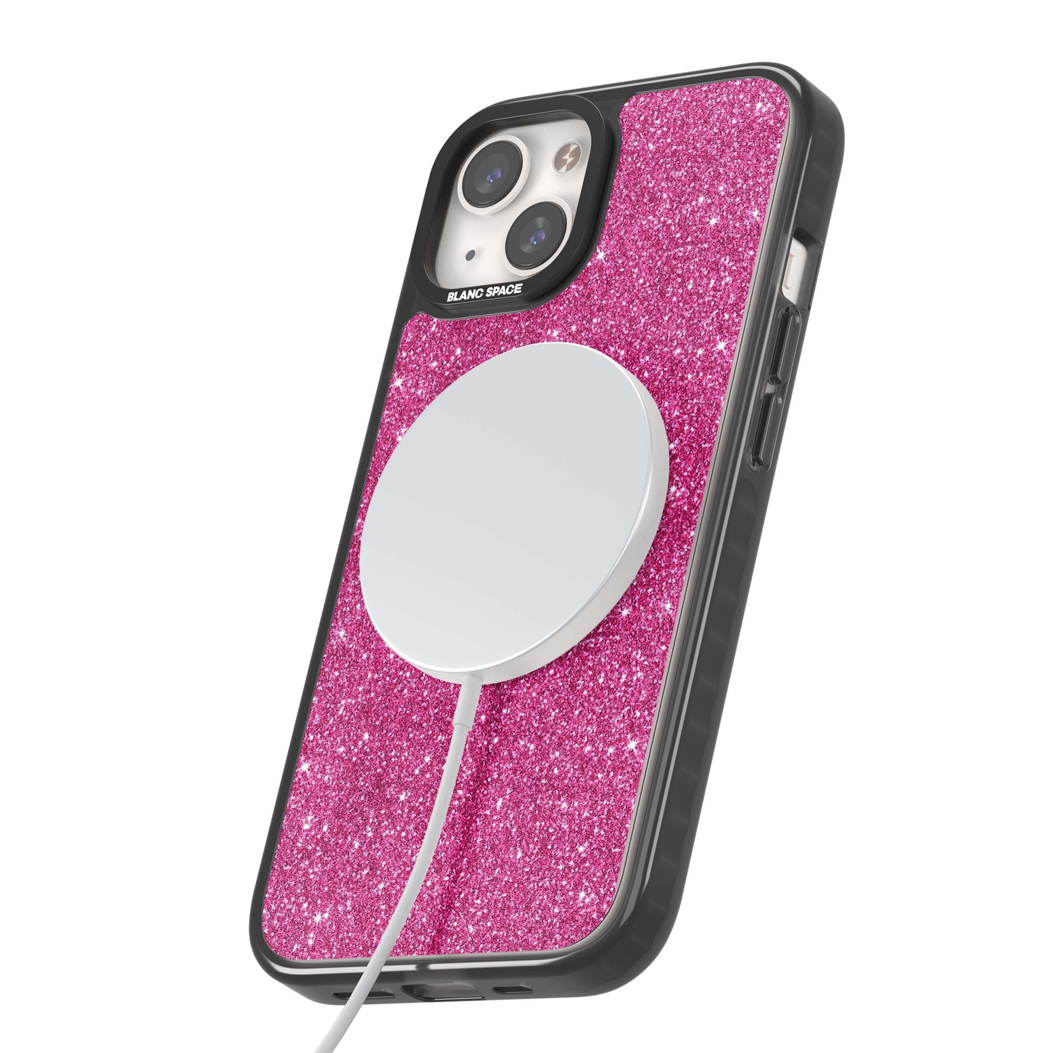Pink Glitter Y2K iPhone case featuring hot pink glitter wallpaper with sparkle shimmer effect | Black Impact Magsafe case for iPhone 13, iPhone 14, iPhone 15