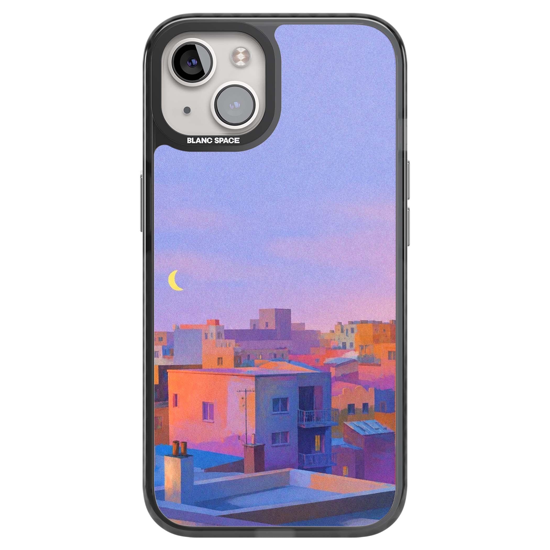 Twilight Rooftops vaporwave iPhone case featuring a pastel sunset cityscape, painted rooftops and a crescent moon. | Black Impact Magsafe case for iPhone 13, iPhone 14, iPhone 15