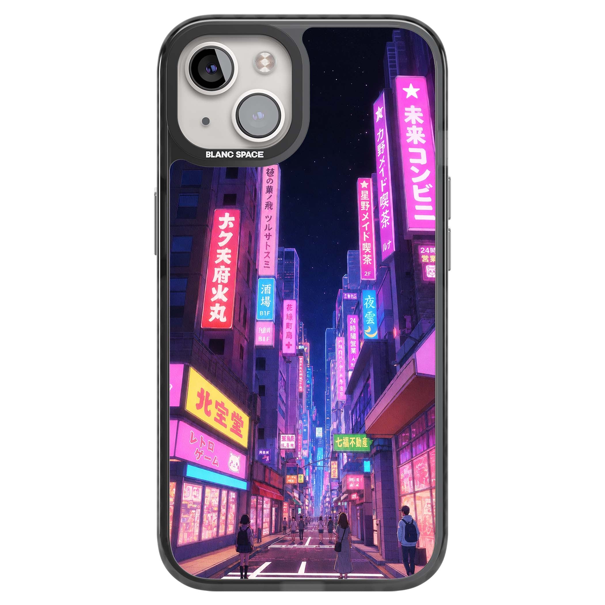 Shibuya At Night Japanese neon city iPhone case featuring glowing kanji signs, pink storefronts and a Tokyo street at n | Black Impact Magsafe case for iPhone 13, iPhone 14, iPhone 15