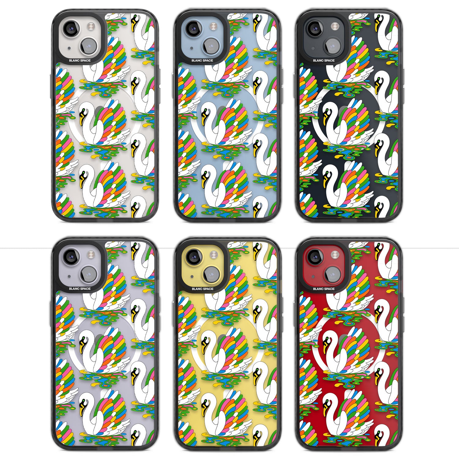 Colourful Swan Pattern Magsafe Black Impact Phone Case for iPhone 13, iPhone 14, iPhone 15