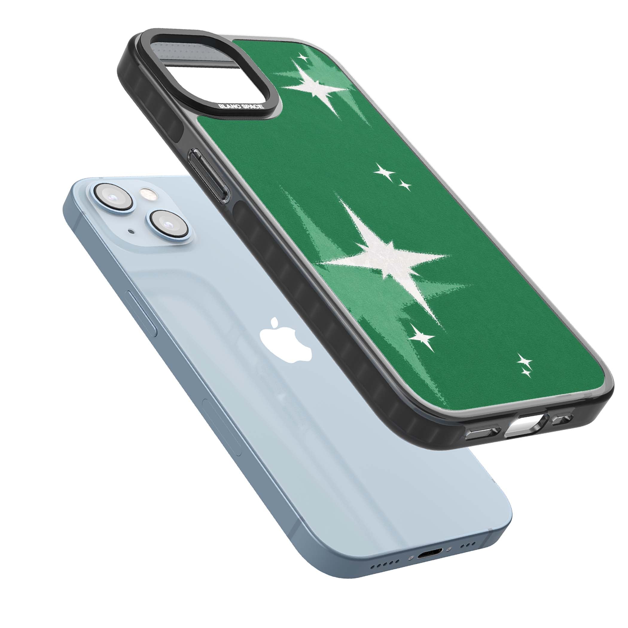 Green Sparkle celestial iPhone case featuring sparkling white four-point stars on a deep green background | Black Impact Magsafe case for iPhone 13, iPhone 14, iPhone 15